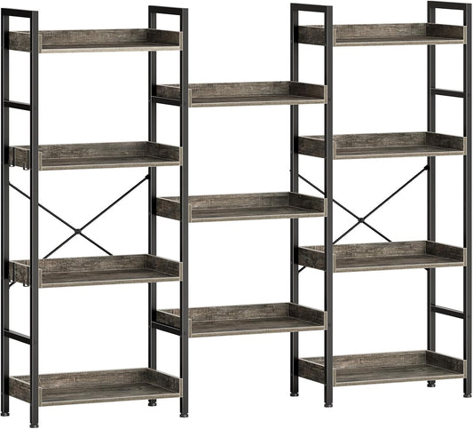 Rolanstar Bookshelf 4 Tiers with 4 Hooks, Triple Bookcase with Open Display Shelves, Industrial Wide Bookshelf with Metal Frame for Living Room, Office, Grey