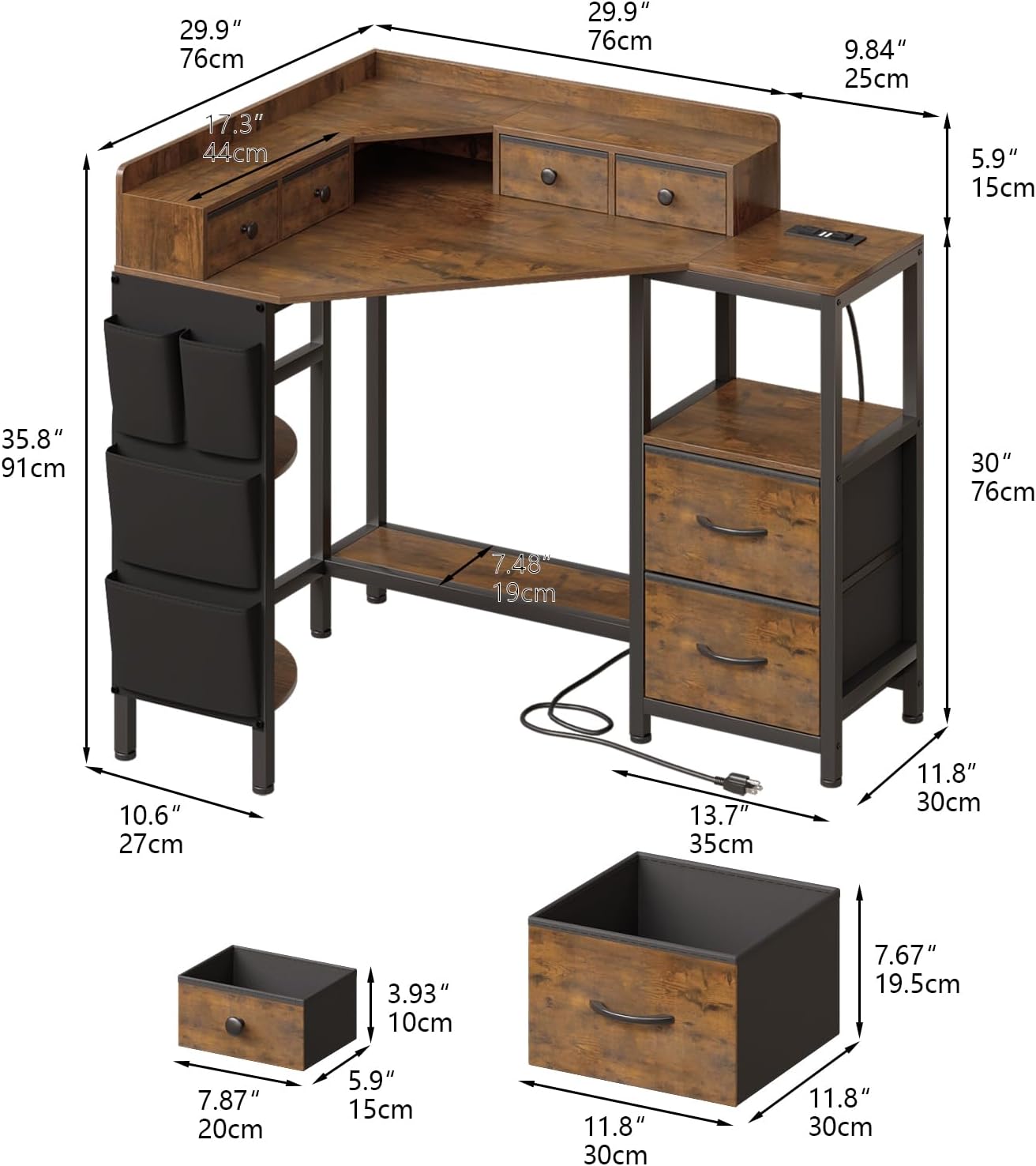 Corner Desk with 6 Fabric Drawers Shelves for Small Space Computer Desk with Power Outlets,Gaming Desk with Printer Monitor Stand Storage for Home Office Workstation Writing Table Brown