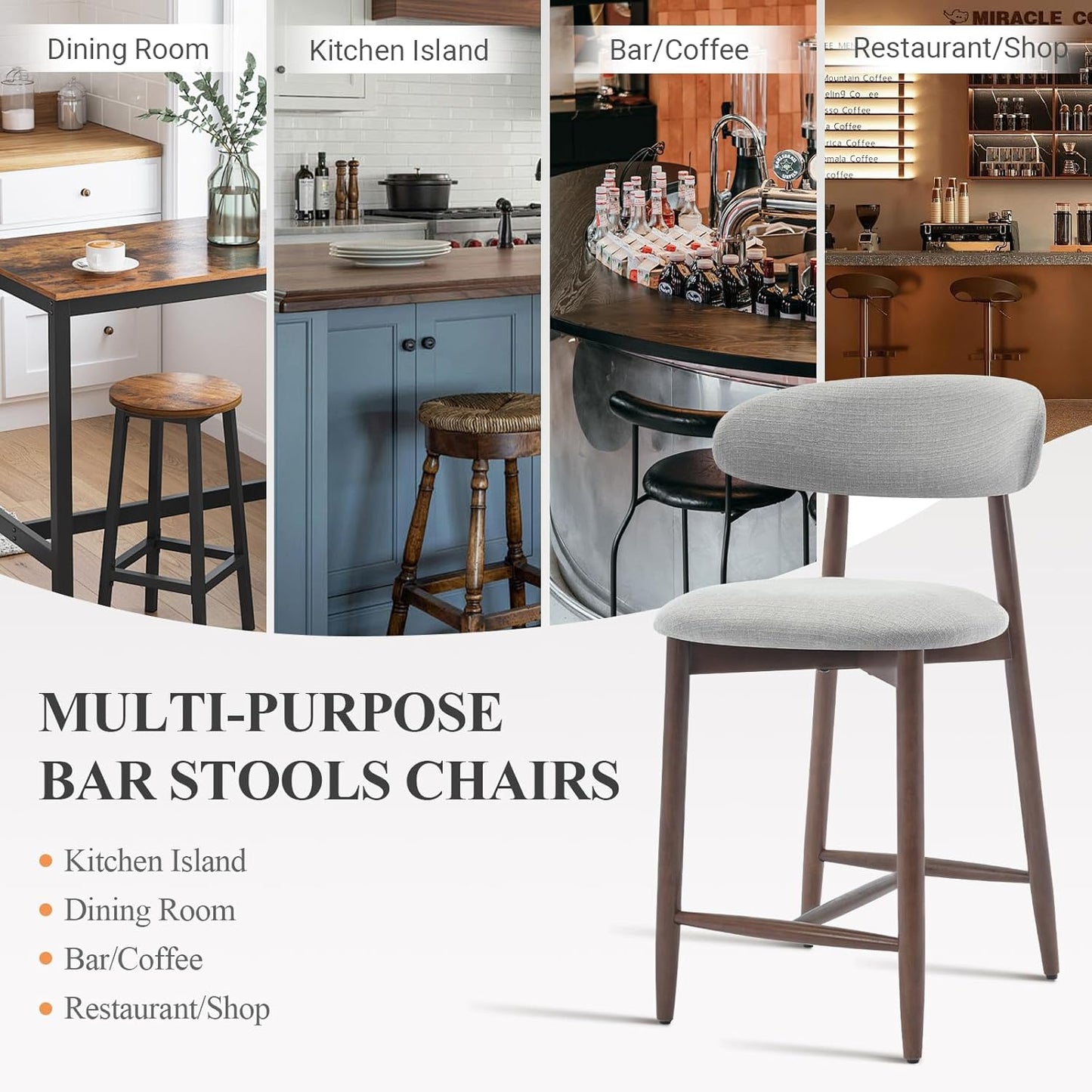 Upholstered Counter Height Bar Stools Set of 6, Kitchen Island Stools with Back, Modern Counter Barstools Bar Chairs with Wood Legs, Light Grey