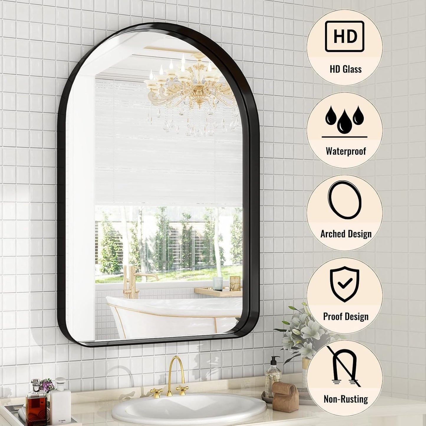 38"x26" Arched Bathroom Mirror - Modern Black Mirror for Wall with Rounded Corners, Bathroom Mirror for Vanity, Aluminum Alloy Framed Mirror - for Living Room, Bedroom, Cloakroom