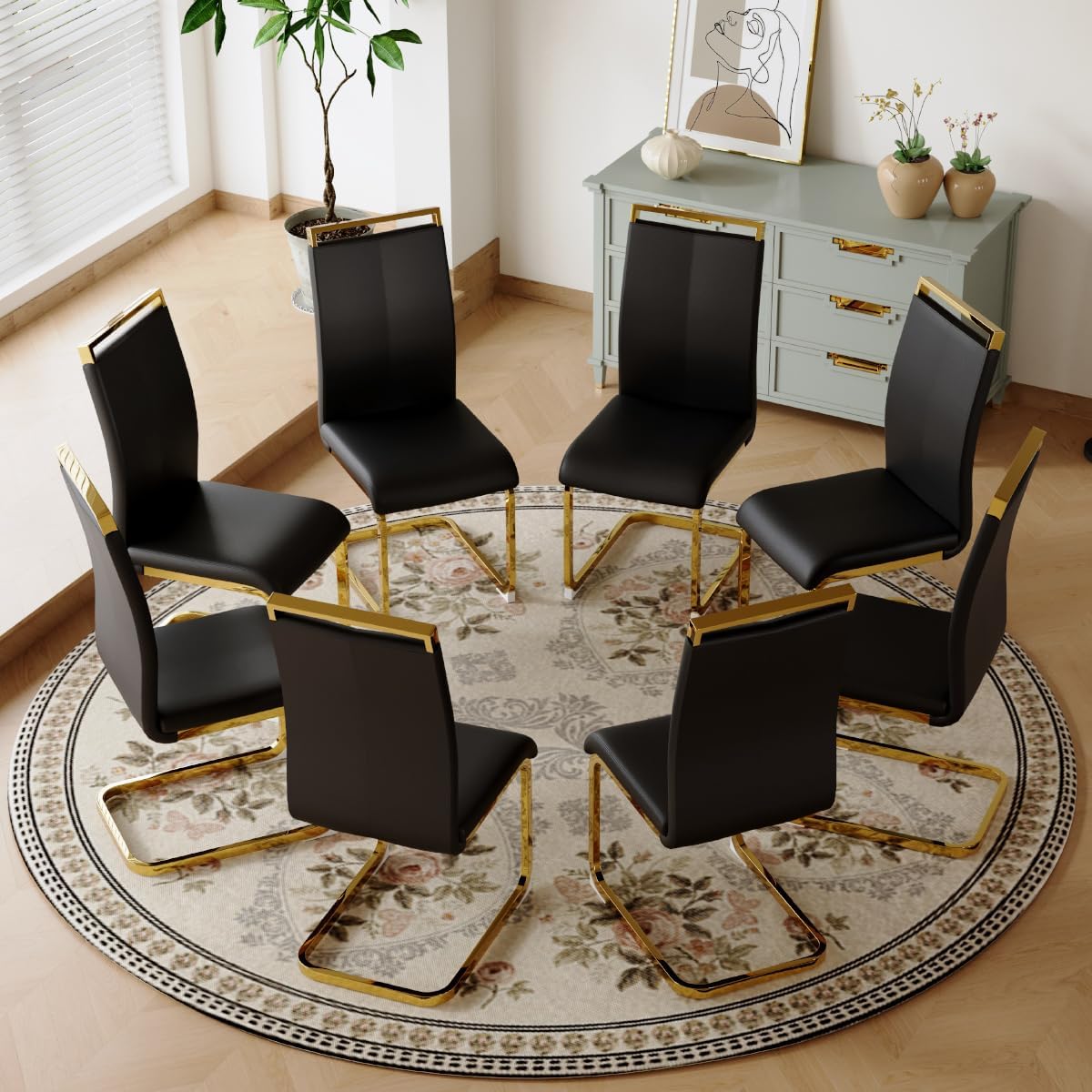 Dining Chairs Set of 8, Faux Leather with Plated Chrome Metal Frame, Modern Kitchen Chairs with Padded Seat High Back for Dining Room, Kitchen, Living Room