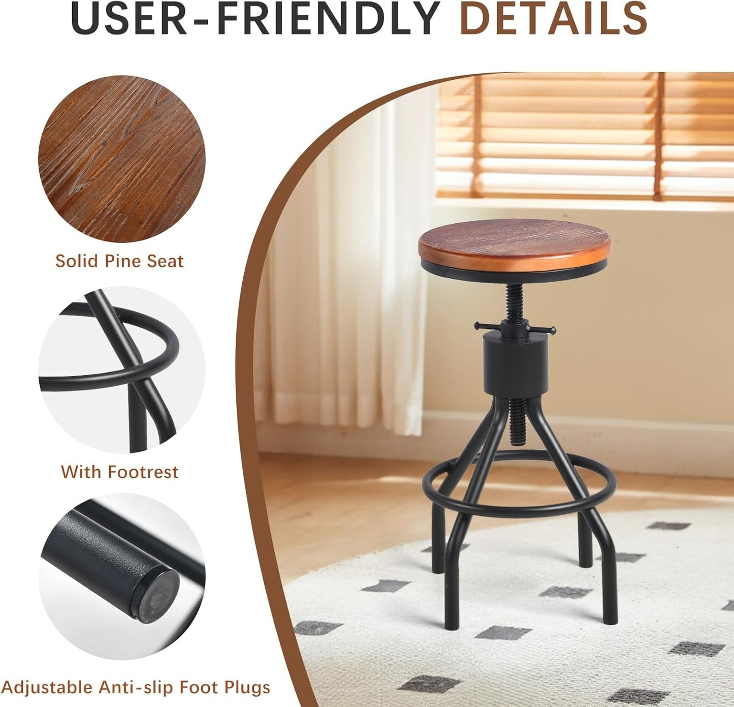 Industrial Bar Stool-Set of 2-Swivel Counter Coffee Chair-Extra Pub Height Adjustable 22-33 inch