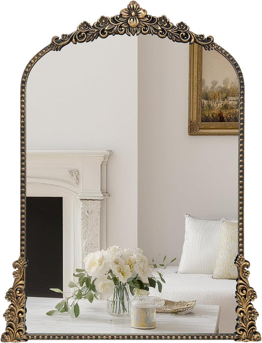 Vintage Arched Mirror, 24"x 36"Antique Baroque Mirror Style Metal Beaded Frame for Entryway Hallway Living Room,Vintage Black