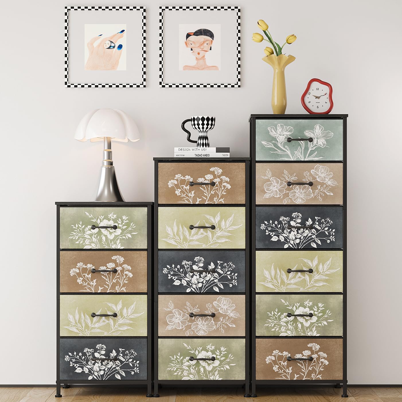 Tohomeor Vintage Dresser Vertical Nightstand with Neutral Botanical Plant Fabric Chest Drawers for Closet Bathroom Storage Tower Unit Bed Side Organizer Farmhouse Rustic (Multi, 4 Drawers)