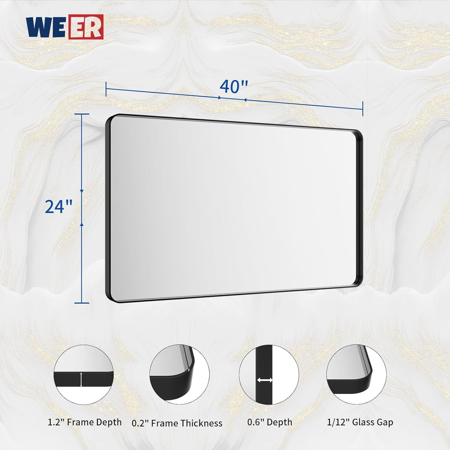 WEER Black Bathroom Mirror for Wall, 40X24 Inch Matte Black Mirror, Rectangular Black Metal Framed Vanity Mirror with Tempered Glass, Rounded Corner, Anti-Rust (Horizontal/Vertical)
