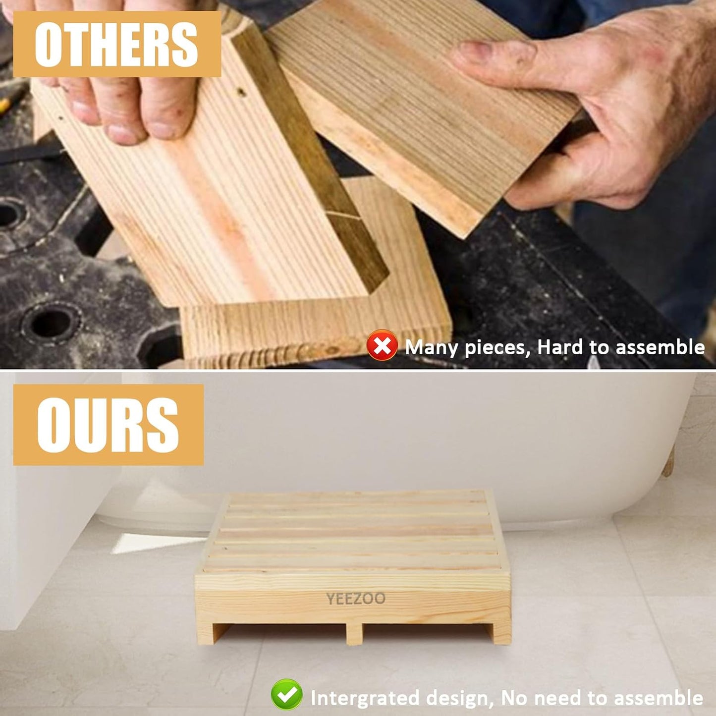 Wooden one Step Stool- Solid Pine Wood Step Riser with Non-Slip Pads, Wood Step Stool for Elderly Adults, high Bed, Bathroom, Kitchen (23.6" L*15.7" W*3.9" H, Natural, 400LBs Capacity)