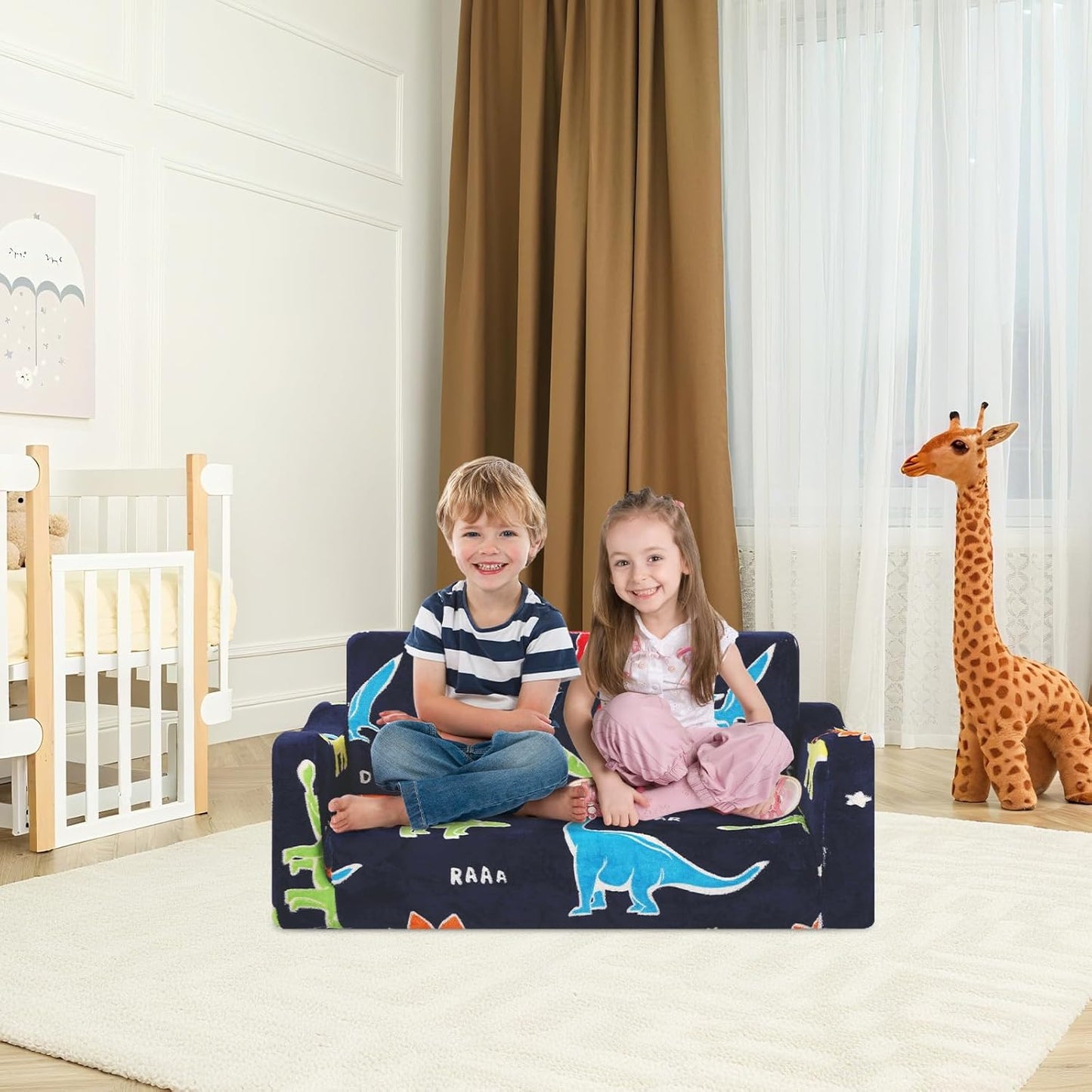 Kids Couch Extra Large,Glow in The Dark 2-in-1 Folding Kids Sofa Bed for Boys,2 Seats Convertible Sleeper Lounger Toddler Couch for Children Bedroom Playroom Nursery,Dinosaur