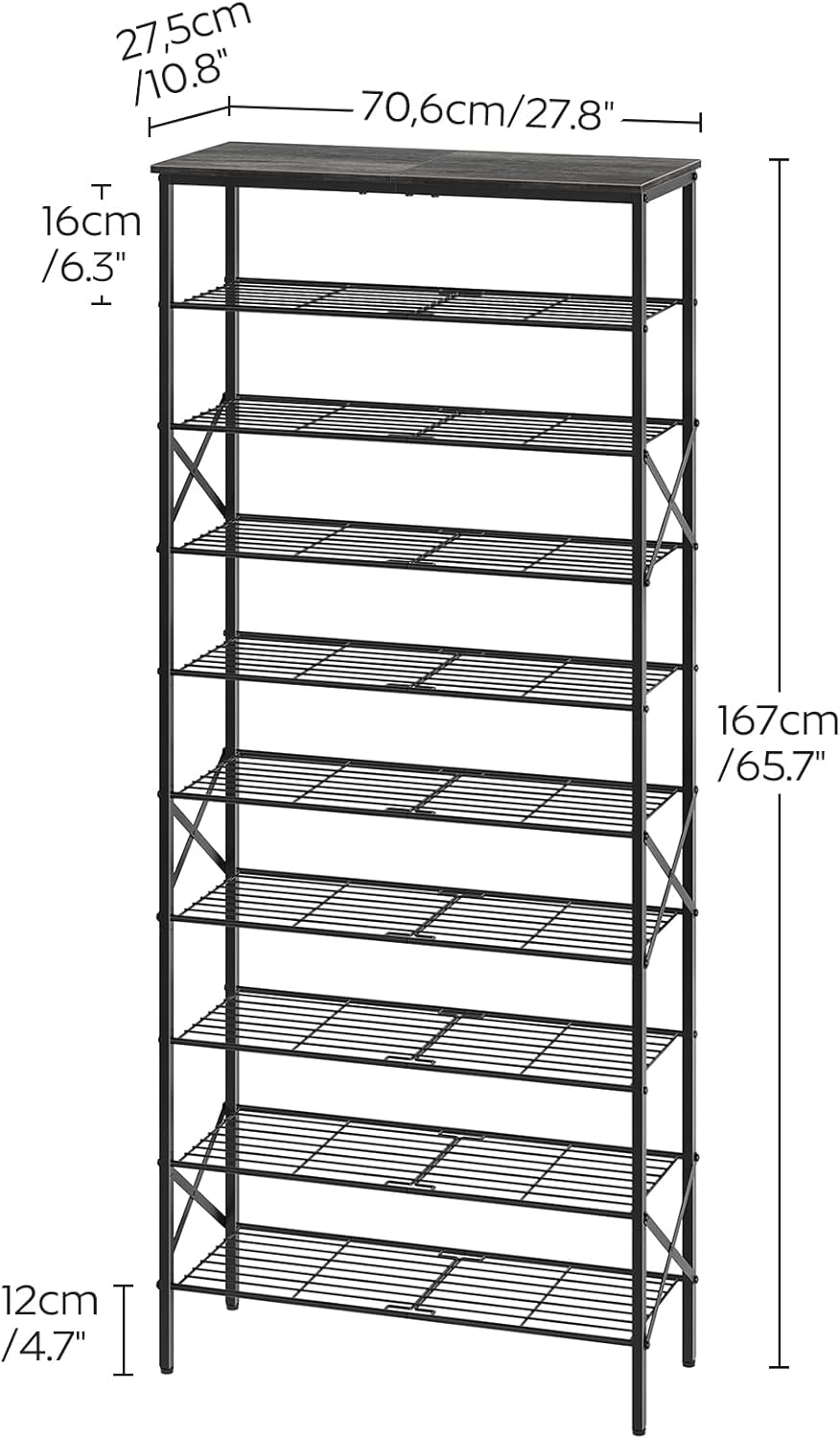 10 Tier Shoe Rack, Large Capacity Shoe Storage Organizer Holds 40 Pairs, Durable and Stable, for Entryway, Hallway, Closet, Dorm Room, Charcoal SS10BCG1