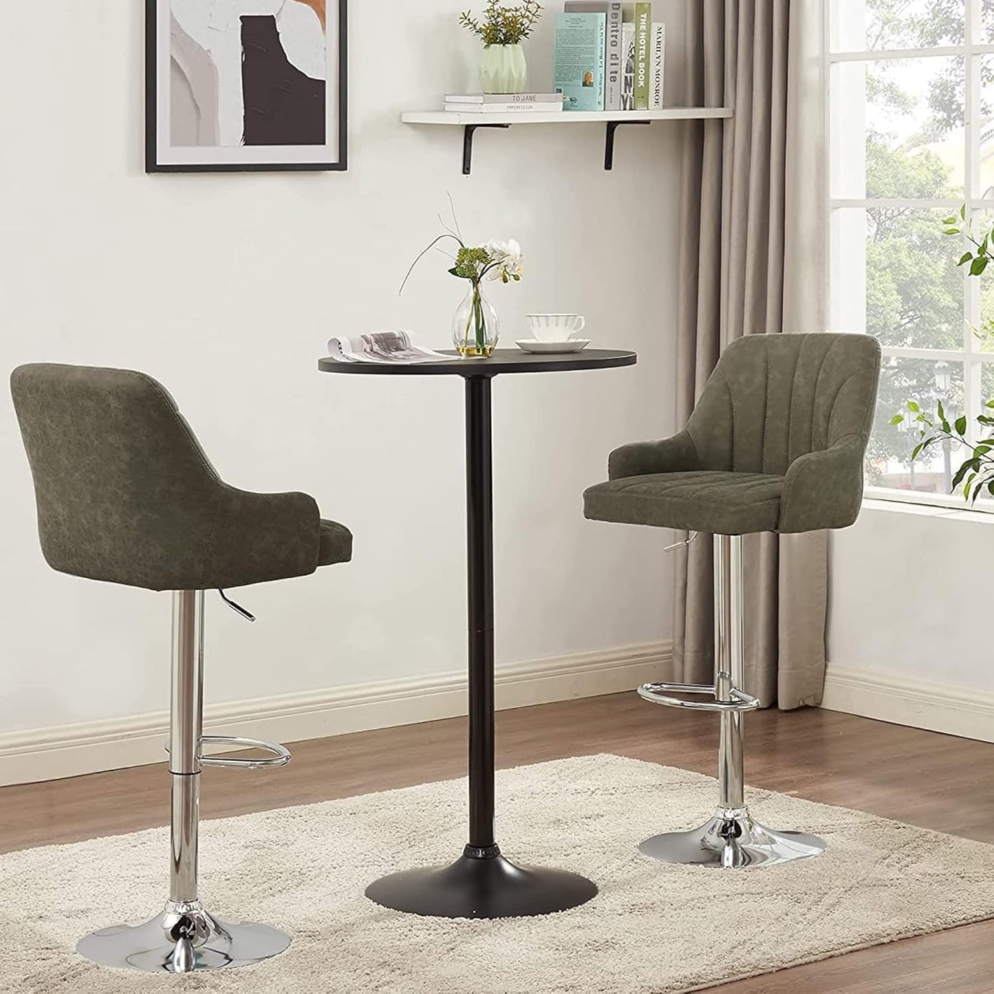 VECELO Bar Stools Set of 2, Adjustable Barstools, Counter Height Stools with Back and Arm, Kitchen Island Stools, Swivel PU Leather Chairs for Pub, Dining Room, Modern Style, Dark Grey