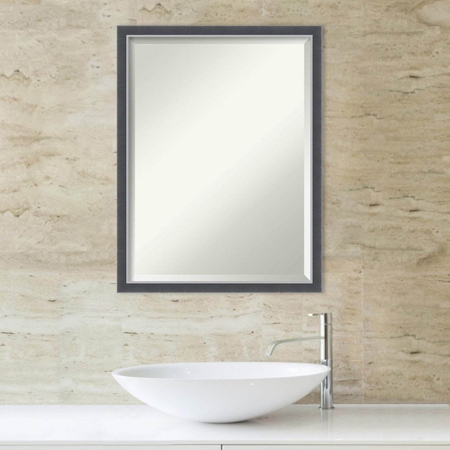 Amanti Art Black Bathroom Mirror for Over Sink, 26x20 Eva Black Silver Thin Rectangle Vanity Mirror, Medium Modern Contemporary Frame, Hangs Horizonally and Vertically, Bathroom Wall Decor, Beveled