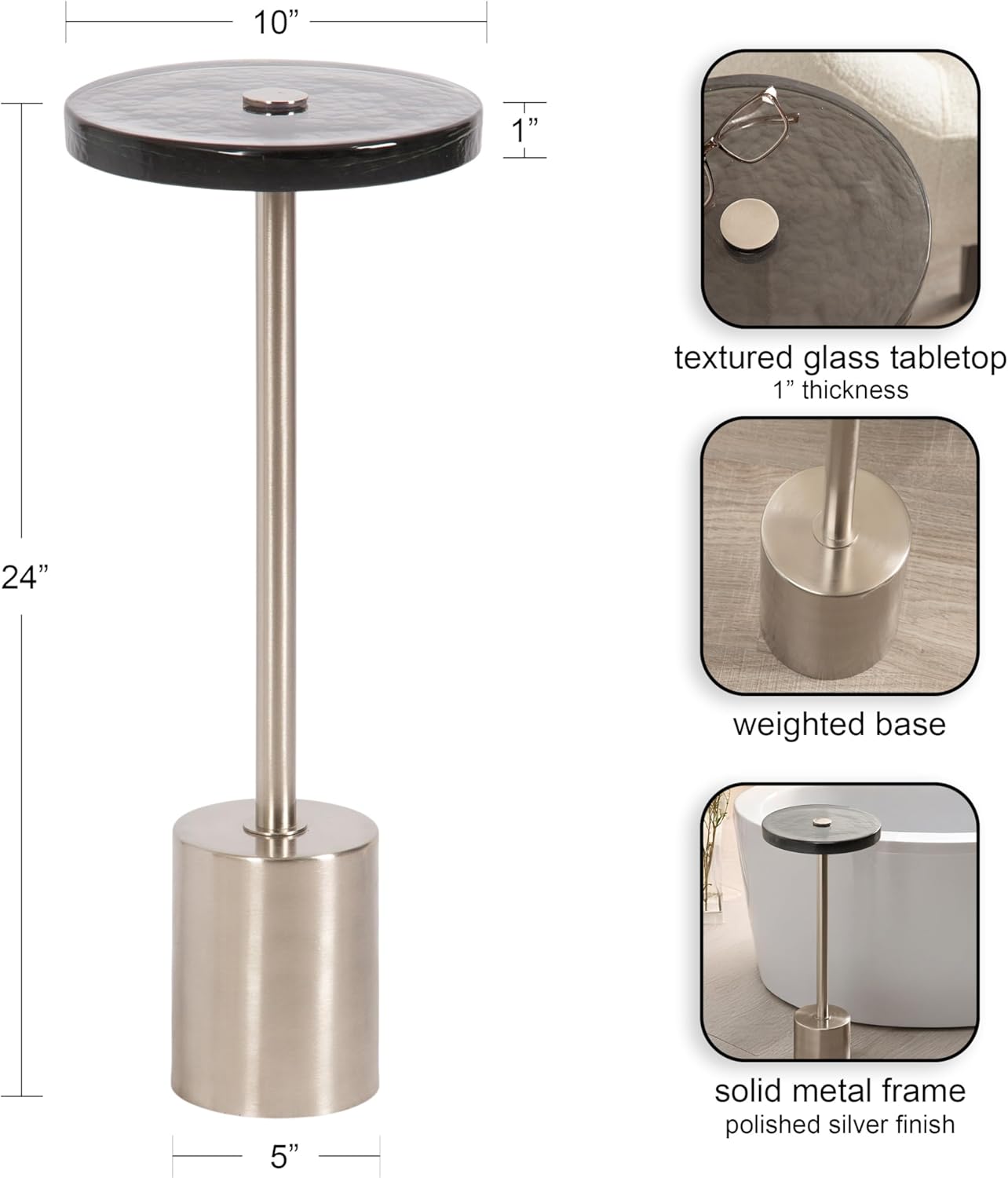 Kate and Laurel Xyler Modern Round Metal and Glass Drink Table, 10 x 10 x 24, Gray Glass and Silver, Decorative Plant Pedestal Table for Use as Indoor Plant Stand or Small Bathtub Table