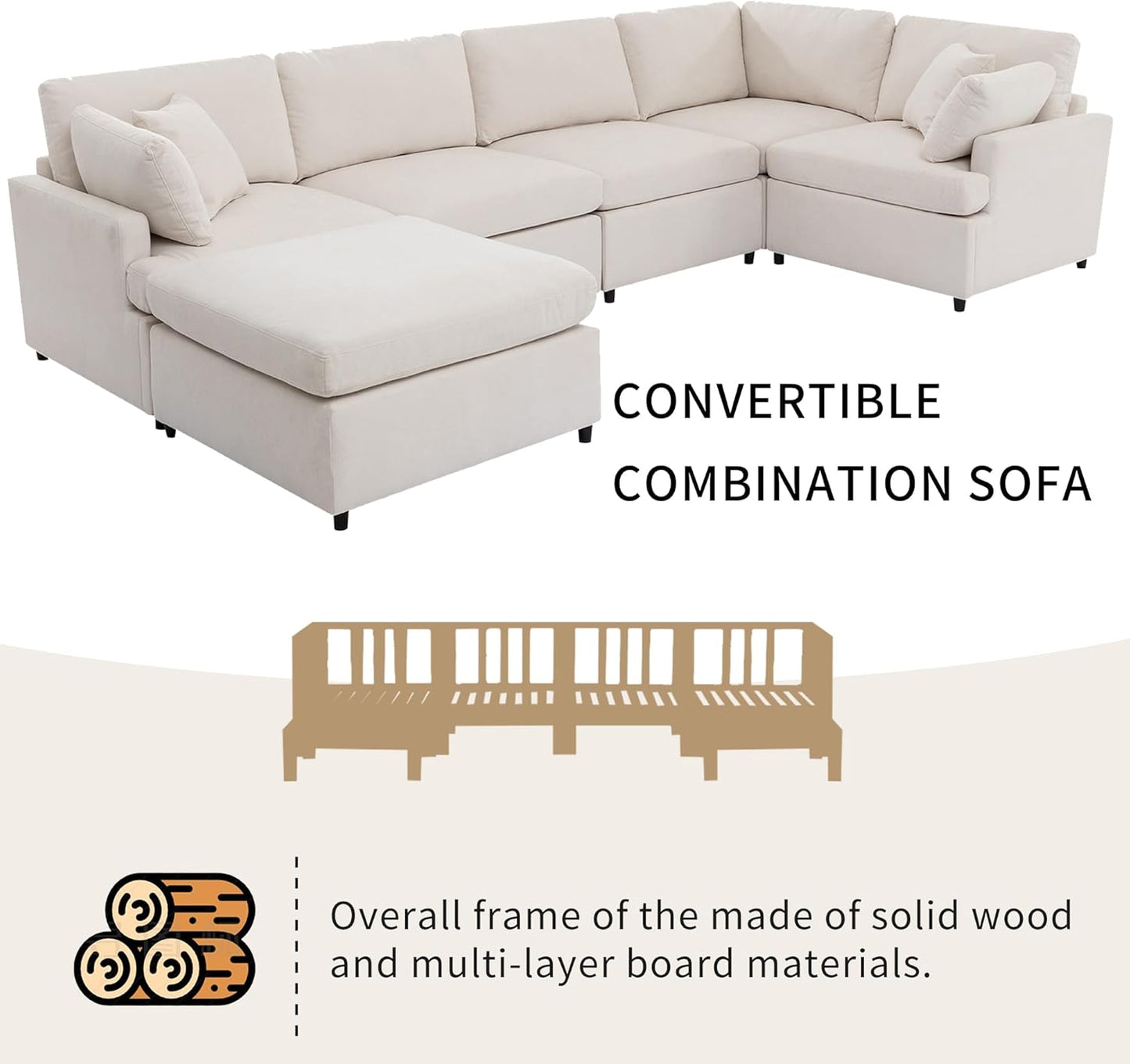 100 Inch U-Shaped Modular Convertible Sectional Sofa with Removable Ottoman and Pillows, Oversized 6 Seater Upholstered Corner Couch for Living Room, Office, Spacious Space, Beige