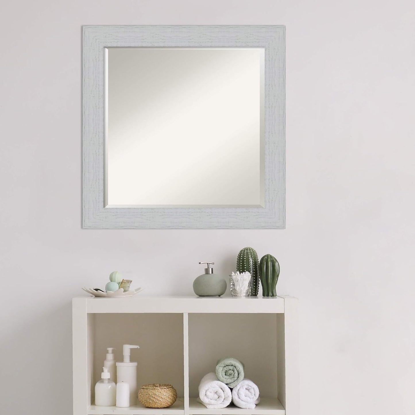 Amanti Art White Bathroom Mirror for Over Sink, 24x24 Shiplap White Square Vanity Mirror, Medium Coastal Wood Frame, Hangs Horizonally and Vertically, Bathroom Wall Decor, Beveled Edge from WI, USA