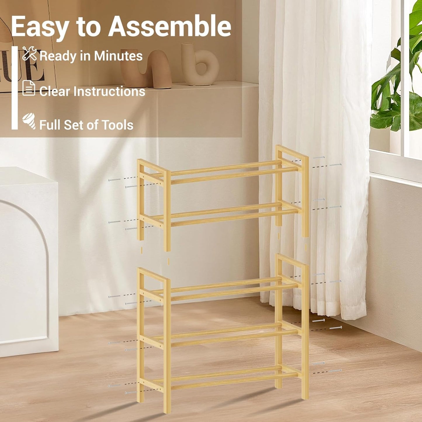 Haddockway Bamboo Shoe Rack for Closet, Free Standing Shoe Organizer with Smooth Round Rods & Convenient Handles, Stackable Shoe Storage Shelf for Entryway, Hallway(Natural, 5-Tier(Small))