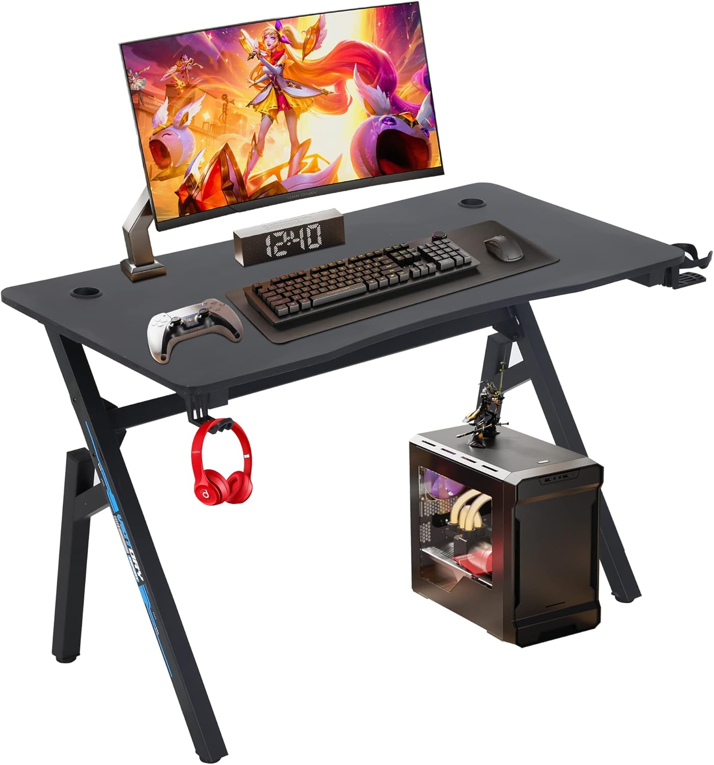 BestOffice Gaming Desk Computer Desk 47"x 23" Home Office Desk Extra Large Modern Ergonomic Black PC Carbon Fiber Table Gamer Workstation with Cup Holder Headphone Hook,Blue