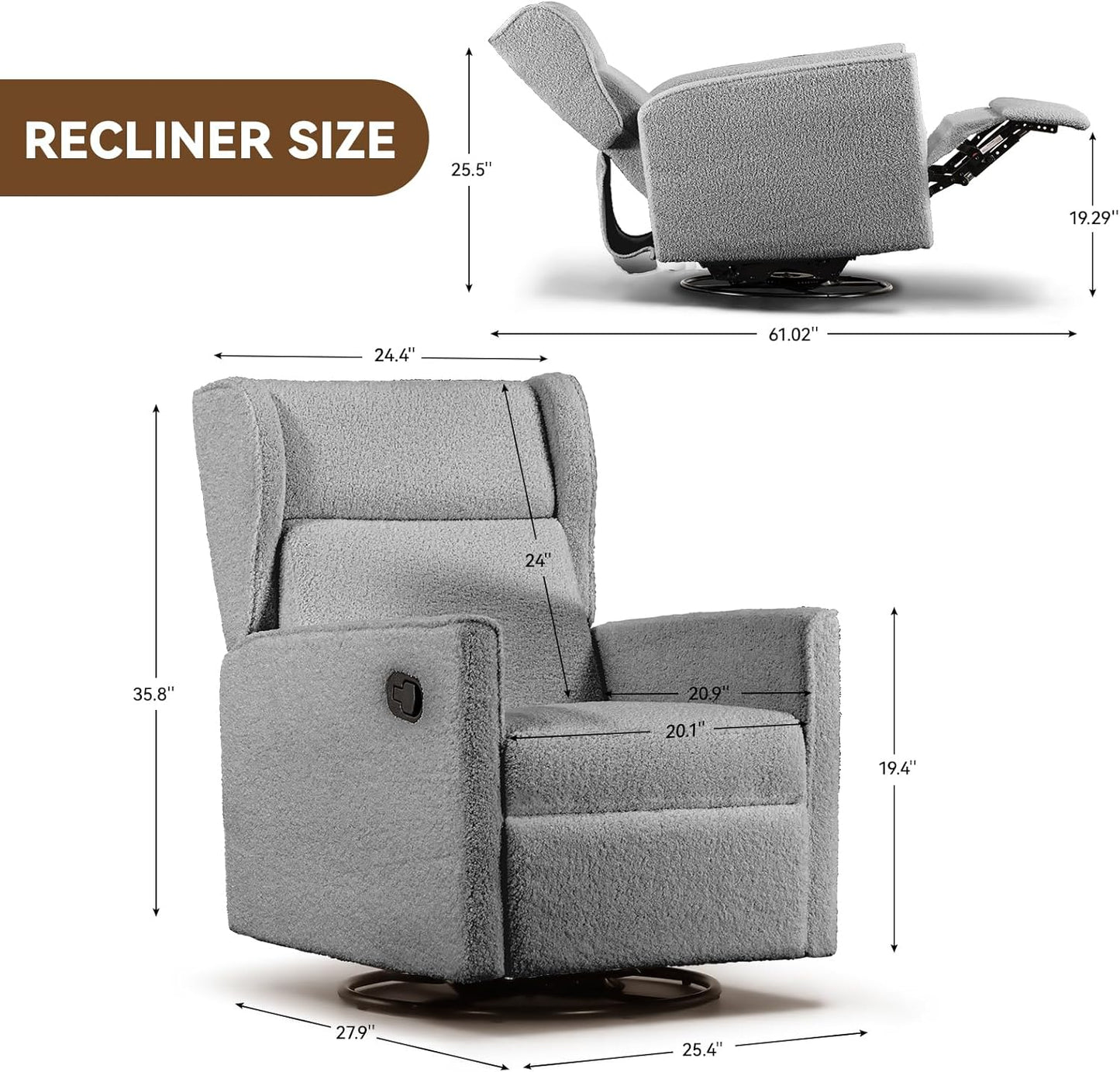 COMHOMA Nursery Rocking Chair Teddy Upholstered Swivel Rocker Recliner Manual Glider Reclining Chair for Living Room Bedroom Offices (Grey, 1 PCS)