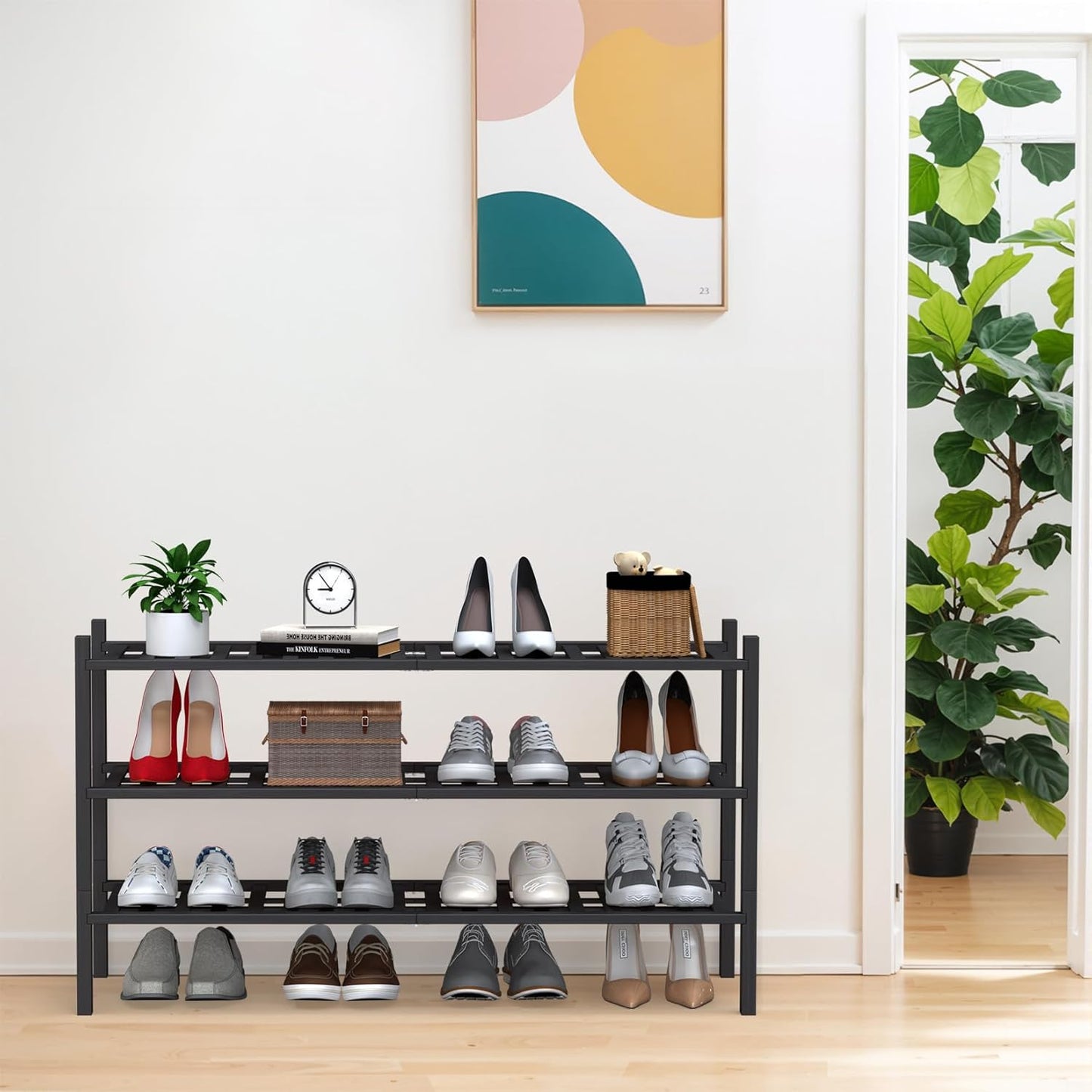 Haddockway Long 3 Tier Bamboo Shoe Rack Storage Organizer, Multifunctional Free Standing Stackable Shoe Shelf with Grid Panel for Closet,Hallway,Entryway,Small Space 34.2"x11"x20"(Black, 3-Tier(Long))