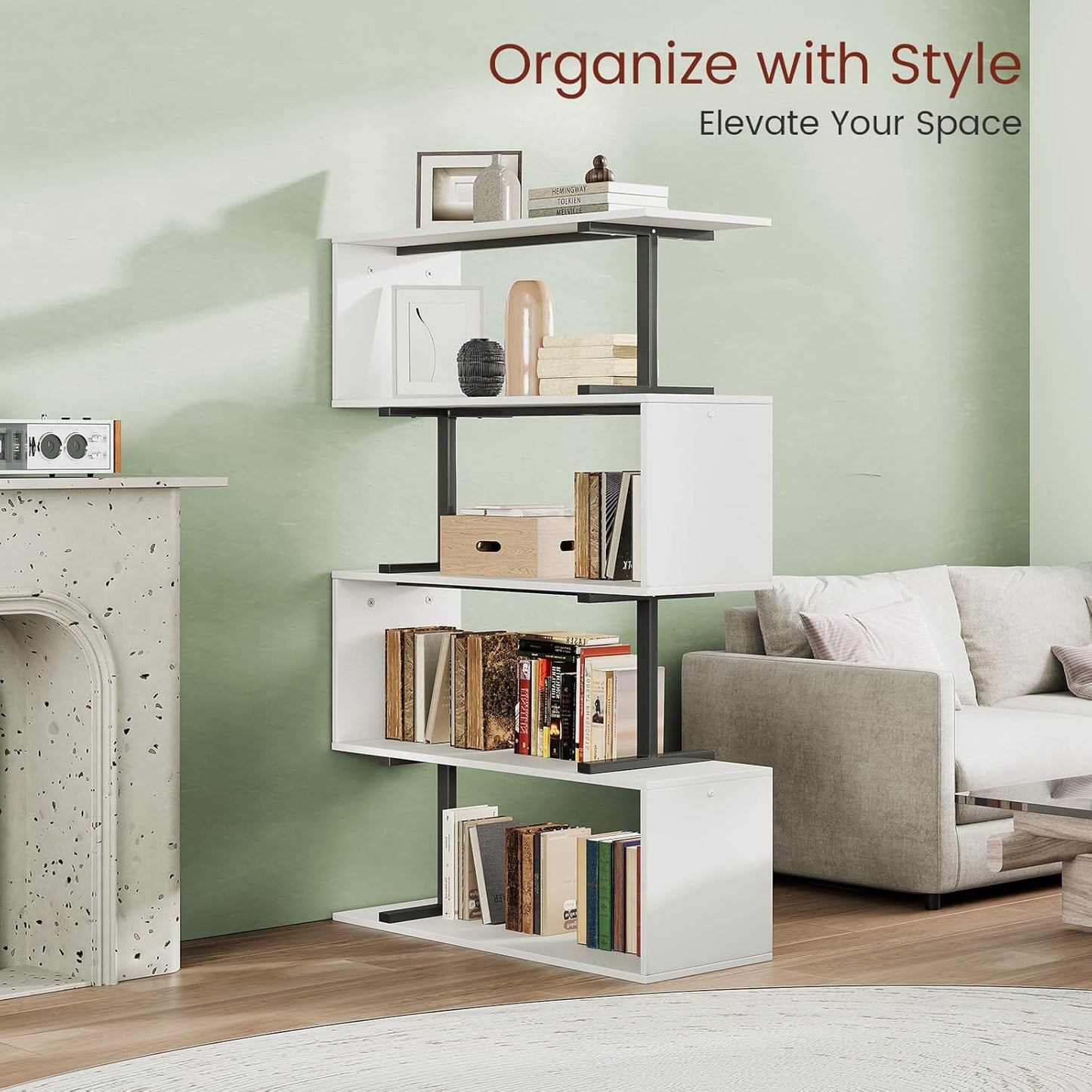 5-Tier Geometric Bookshelf, S Shaped Bookcase, 31.5" W x 58.3" H Wood Decorative Storage Shelving, Modern Freestanding Display Shelves, Tall Book Shelf Unit for Living Room Bedroom