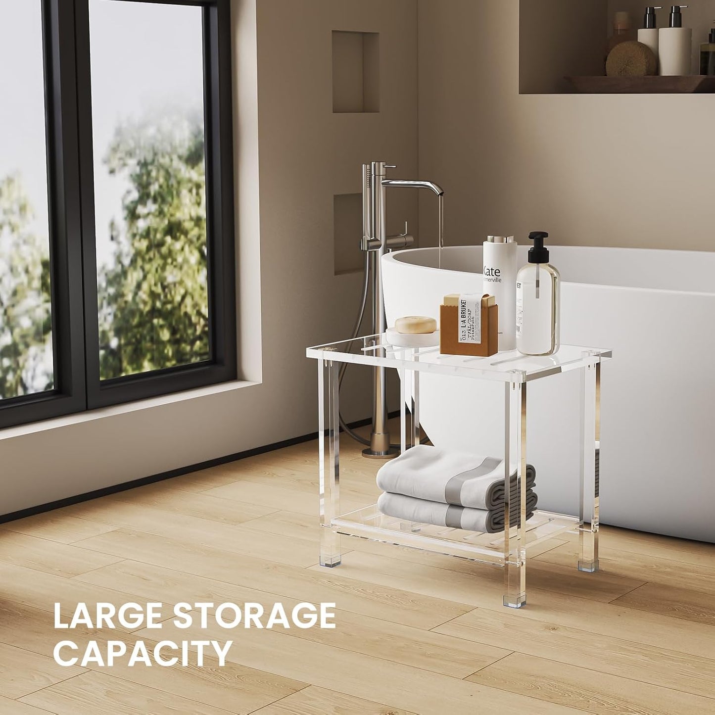 Acrylic Shower Bench for Inside Shower 13.98" D X 21.26" W X 18.31" H, Heavy Duty (Hold Up to 300lbs) Bathroom Shower Stool with Storage Shelf, for Shaving Legs & Spa, Waterproof Non-Slip