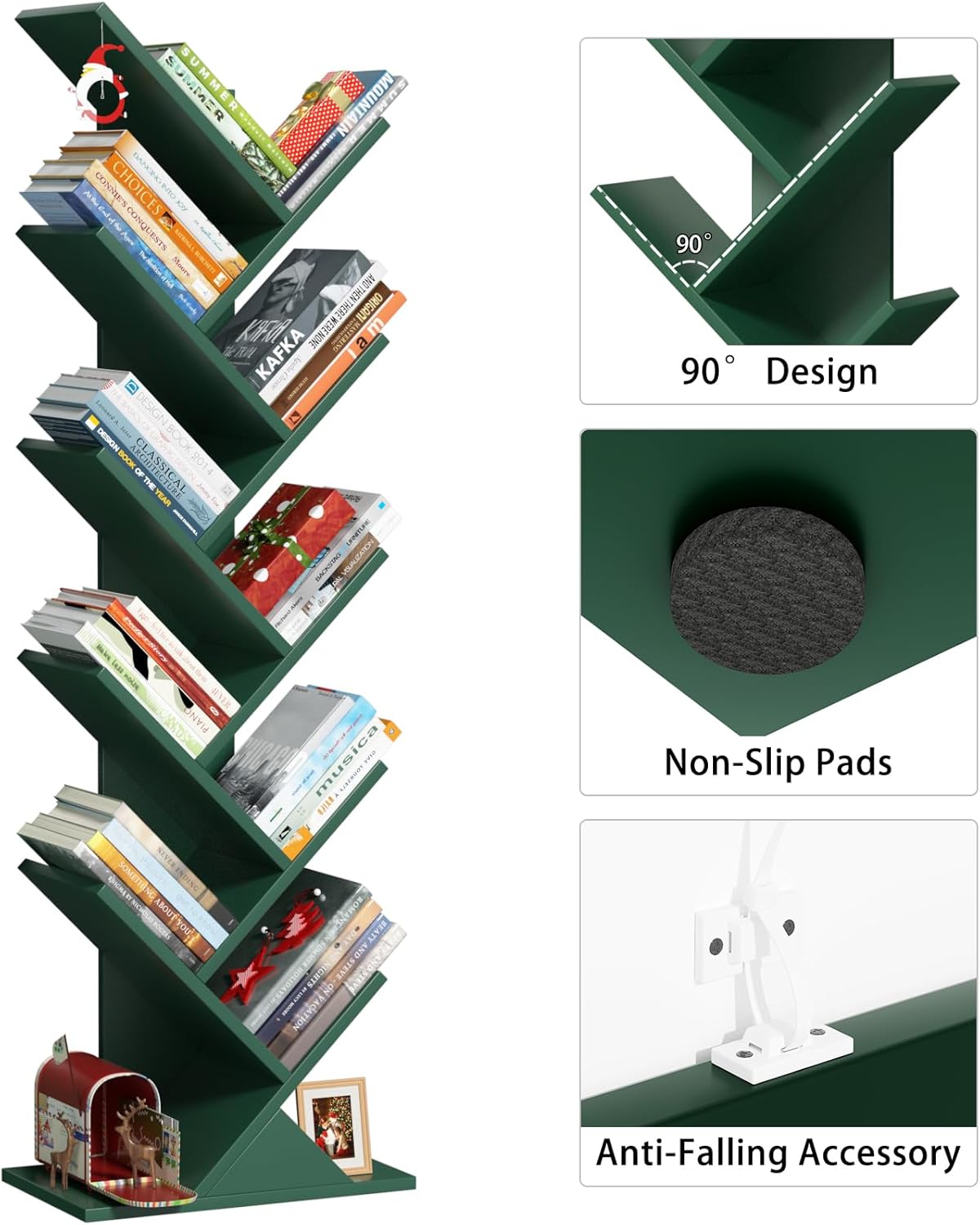 10 Tier Tree Book Shelf, Floor Standing Wood Bookshelf for Narrow Space, Storage Organizer Bookshelves for Books/CDs/Magazine, Bookcase with Shelves for Home Office, Living Room