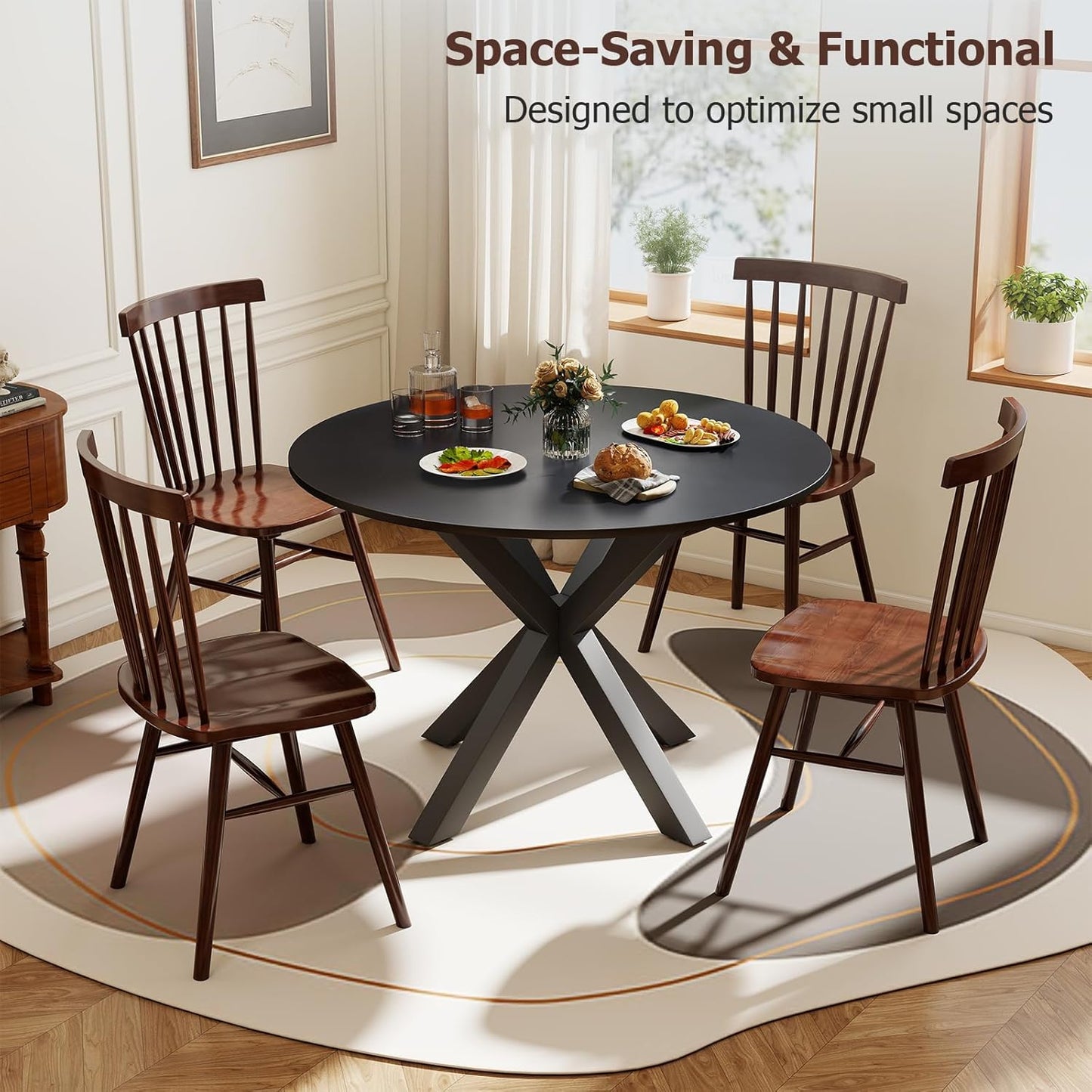 Round Dining Table, 42" Kitchen Dining Table for 4-6, Small Round Table with Metal Cross Legs, Modern Round Dining Room Table for Kitchen, Apartment, Living Room, Black