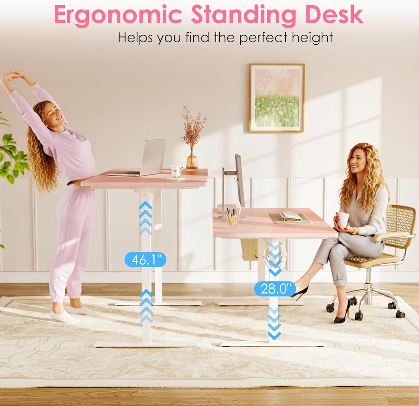 OffiGo Electric Height Adjustable Standing Desk, 48 Inch Pink Computer Desk for Women Girls, Sit Stand Table for Home, Office, Bedroom
