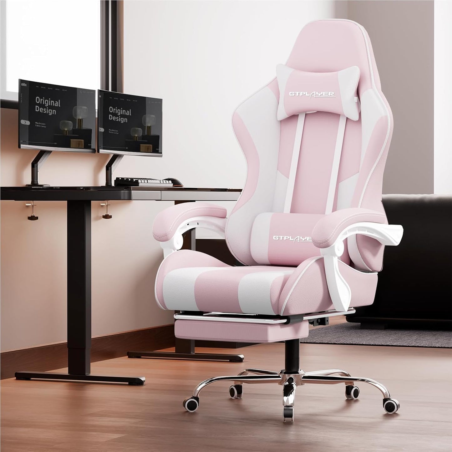 GTPLAYER Gaming Chair with Footrest, Computer Chair with and Lumbar Support, Height Adjustable Game Chair with 360°-Swivel Seat and Headrest and for Office or Gaming (Pink-Fabric)