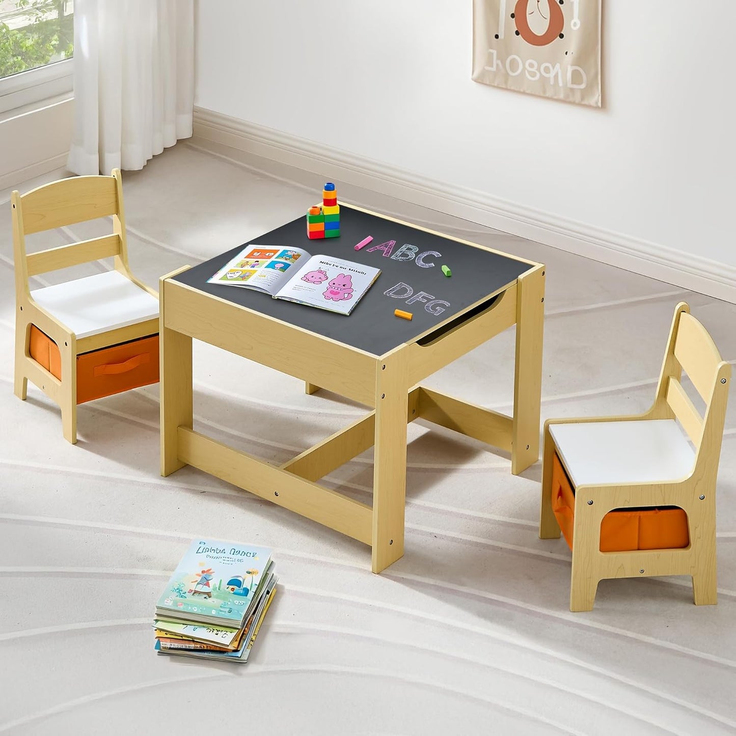 Kids Table and Chairs Set, 4 in 1 Wooden Kids Table with Reversible Tabletop, Children Activity Table with Removable Tabletop Storage, Toddler Table and Chair Set for Home, Nursery, Playroom