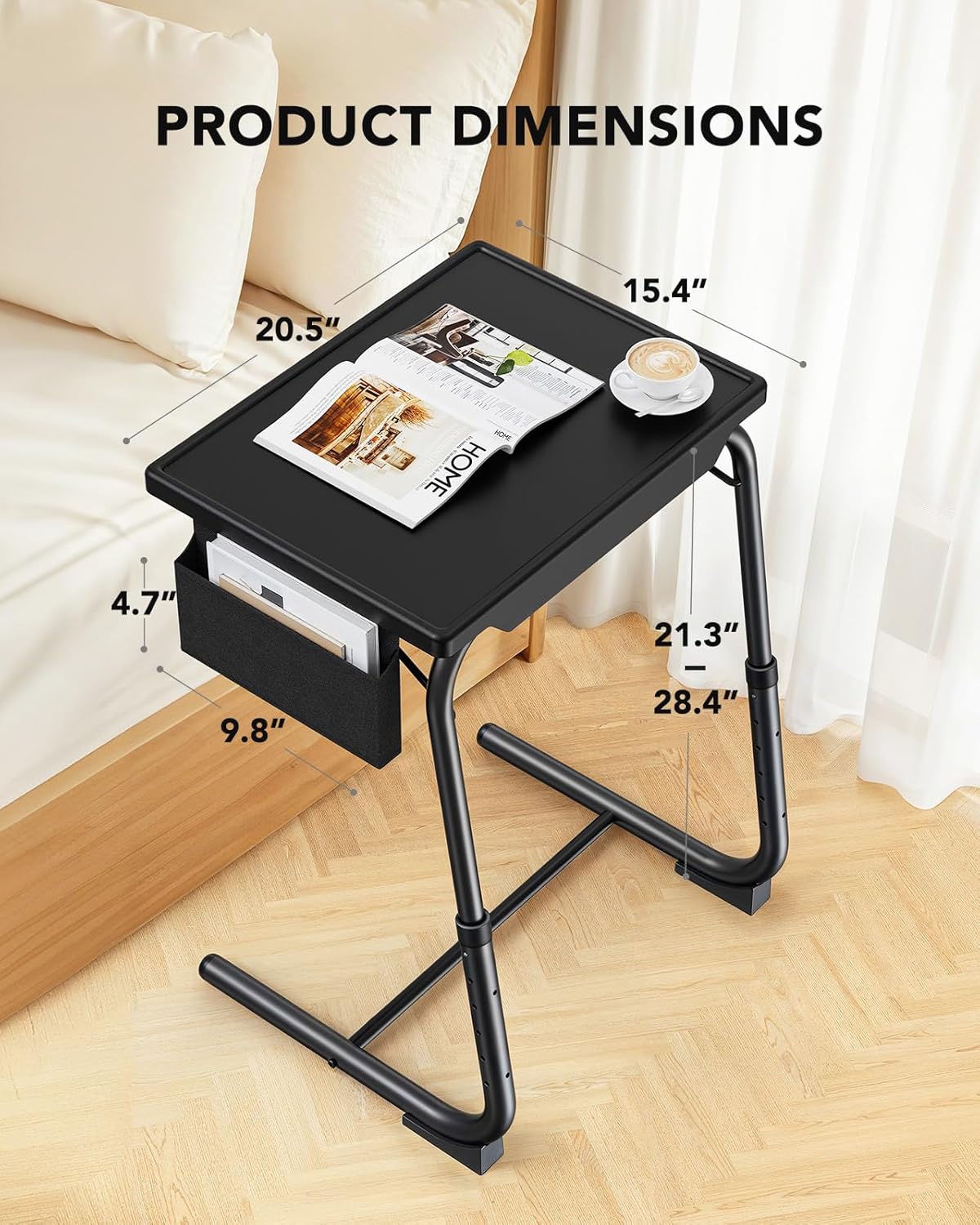 HUANUO TV Tray, Adjustable TV Dinner Tray, 20.5 x 15.4 inch Folding Tray Table with Storage Pocket, 6 Height Settings, 3 Angle Adjustments, Comfortable Tray Tables for Bed & Sofa, HNTT04B