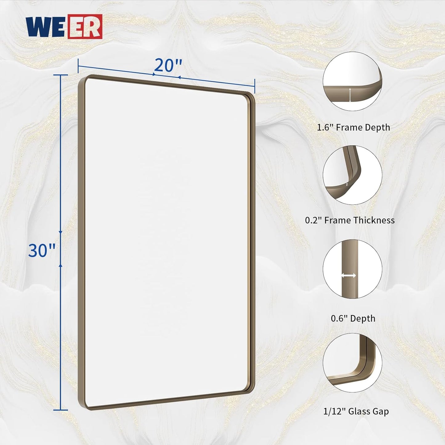 WEER 20x30 Inch Bronze Bathroom Mirror for Vanity, Brushed Bronze Metal Frame Mirror for Wall, Rounded Rectangle Bronze Frame Mirror with Tempered Glass, Anti-Rust (Horizontal/Vertical)