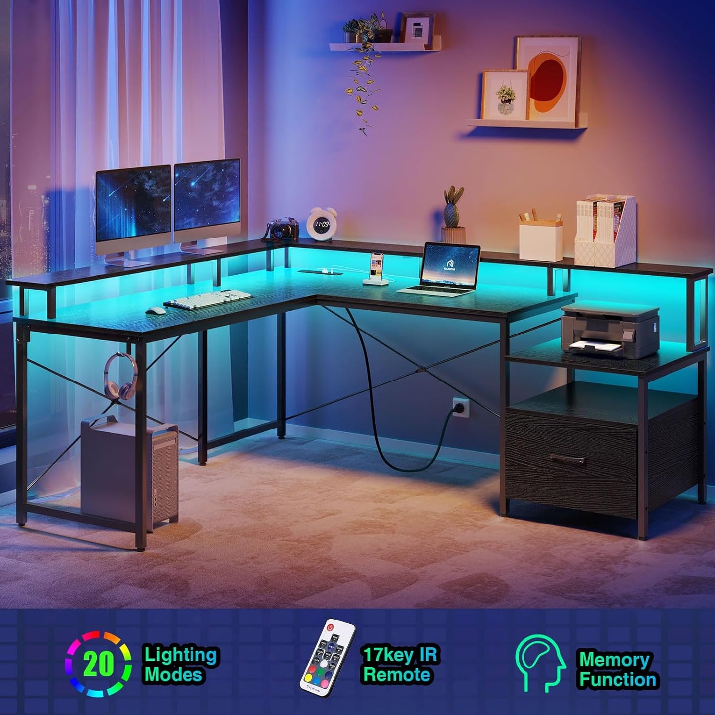 Rolanstar L Shaped Gaming Desk with Drawers, 64" Reversible Computer Desk with Power Outlet & LED Strip, Corner Desk with File Cabinet & Monitor Stand, Home Office Desk, Black