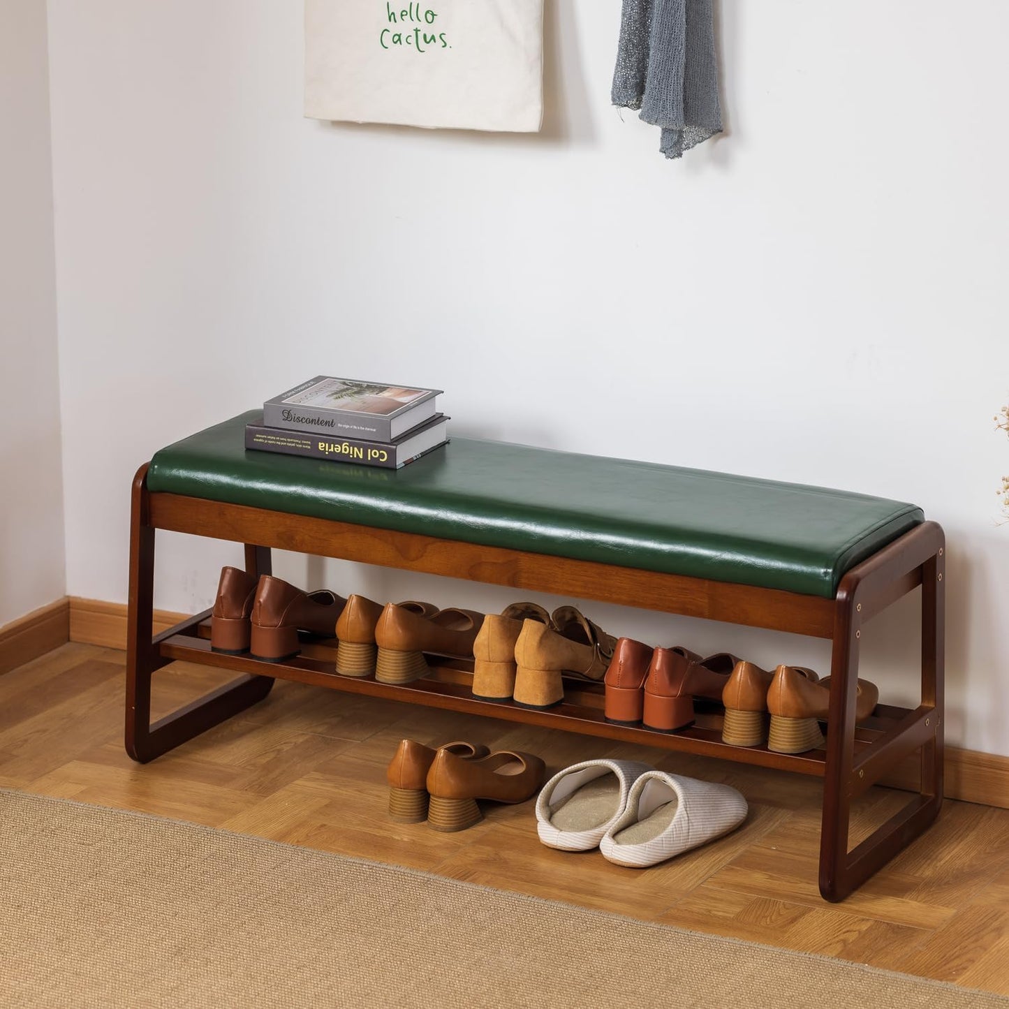 Shoe Rack Bench, Solid Wood Entryway Bench with Flip-Open Storage Box for Entry, Hallway (Green-39.4")