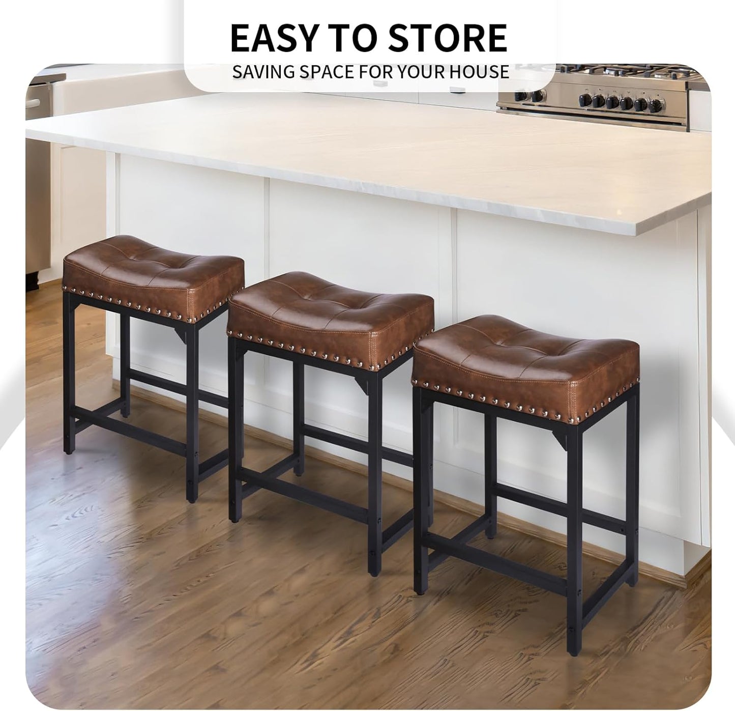 Bar Stools Set of 3, Counter Height Bar Stools for Kitchen Counter, 24 Inch Saddle Backless Barstools Kitchen Stool, Counter Height Stool for Dinning Room, Island-Brown