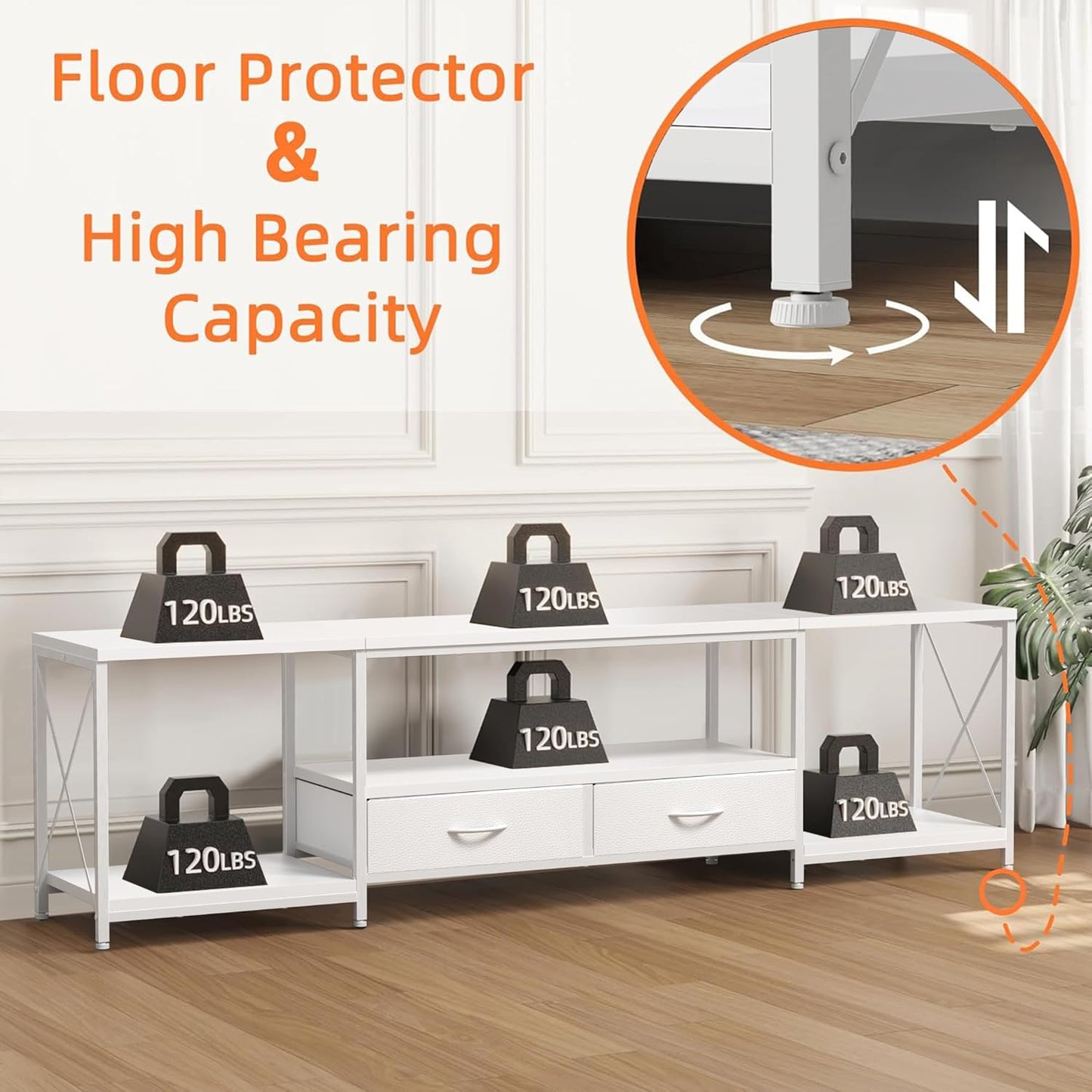 TV Stand with Fabric Drawer for 65 70 75 Inches TV - Entertainment Center and Industrial TV Console Table with Open Storage Shelves for Living Room, Bedroom - 63" White