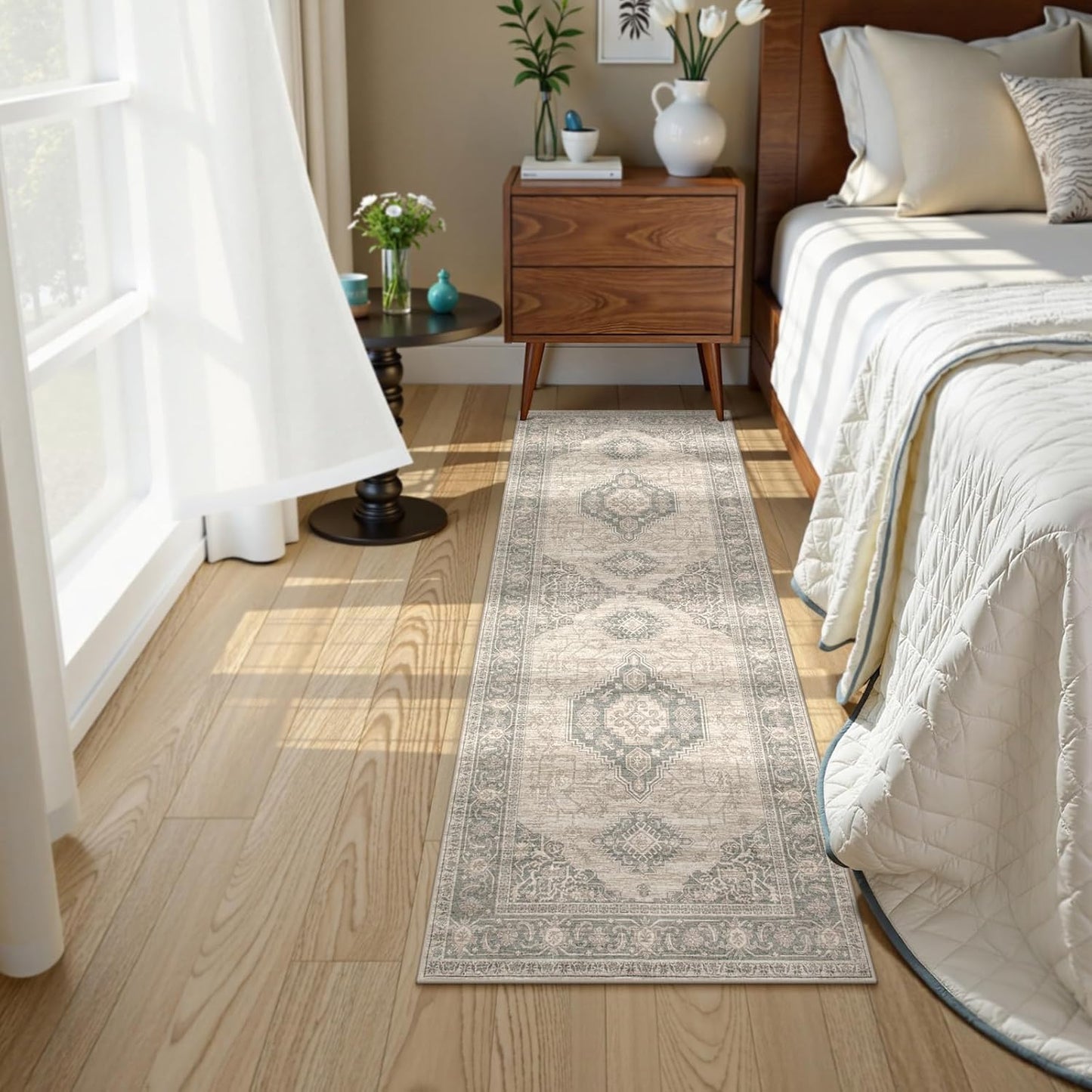 Lahome Oriental Kitchen Runner Rug Non Slip, 2x5 Washable Hallway Runner with Rubber Backing, Vintage Hallway Rug Ultra-Thin Soft Carpet for Bedroom Bathroom, Grey/Brown