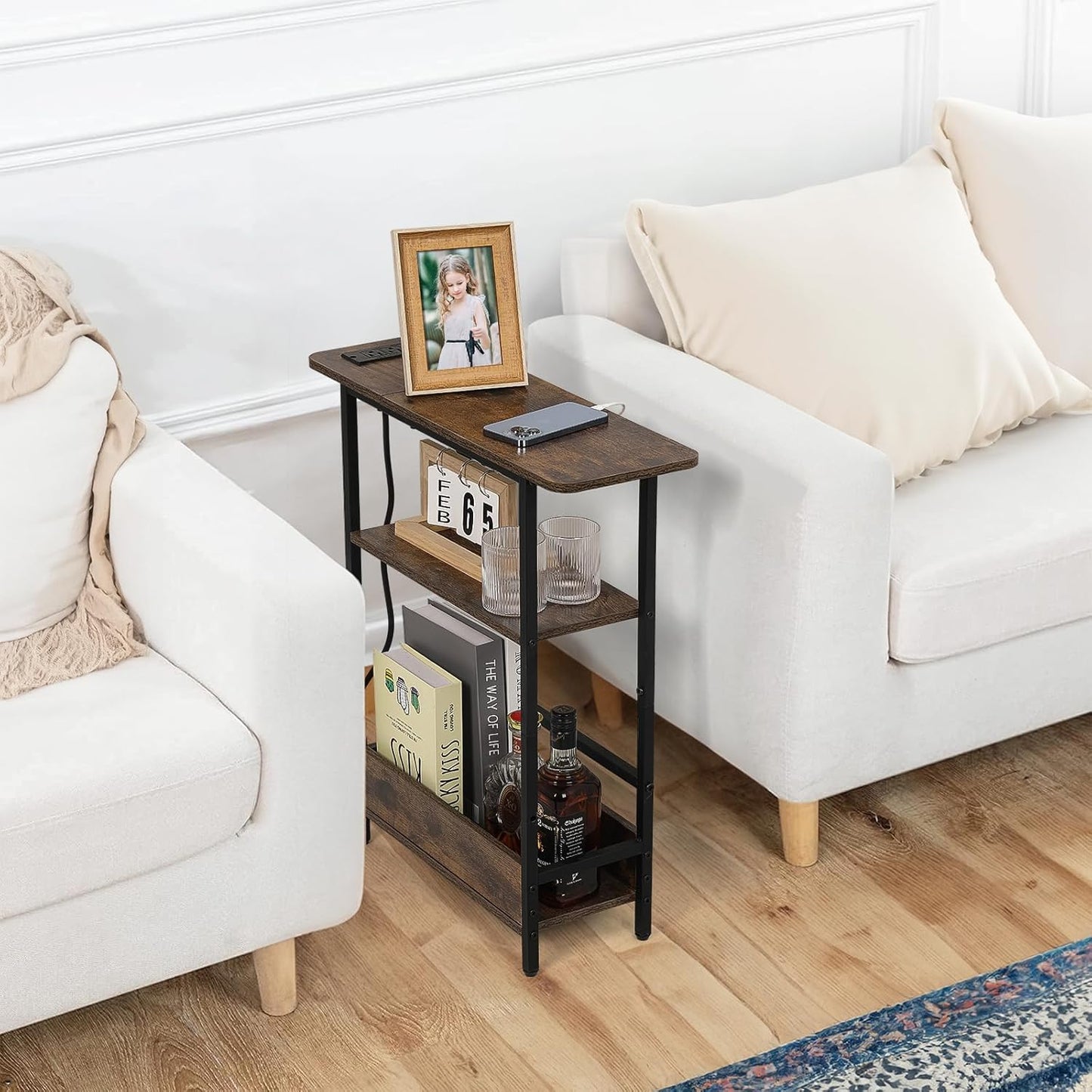 Narrow Side Table with USB-C Charging Station, 3-Tier Slim End Table with Magazine Holder, Modern Side Table for Couch or Small Spaces, Skinny Nightstand for Living Room or Bedroom