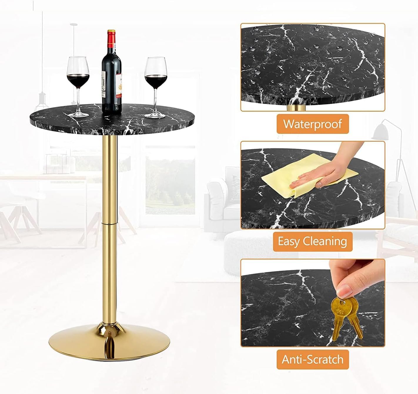 Gold Bar Table Round Cocktail Tables Height Adjustable 27.9''-35.4'' Pub Table with Metal Base Modern Style for Kitchen, Bar, Office & Dining Room Sturdy Stylish