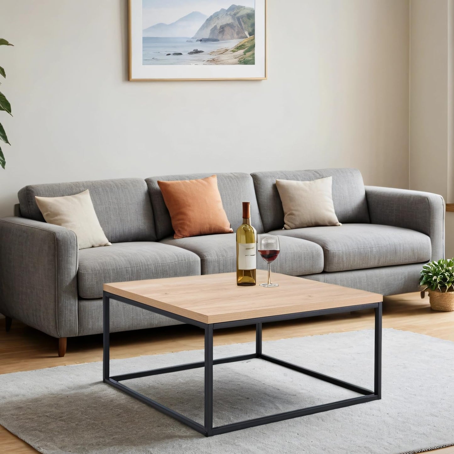 CENSI 30"x30" Natural Oak Accent Coffee Table Ottoman for Living Room, Modern Industrial Style, 1.2" Extra Thick Tabletop (Light Wood)