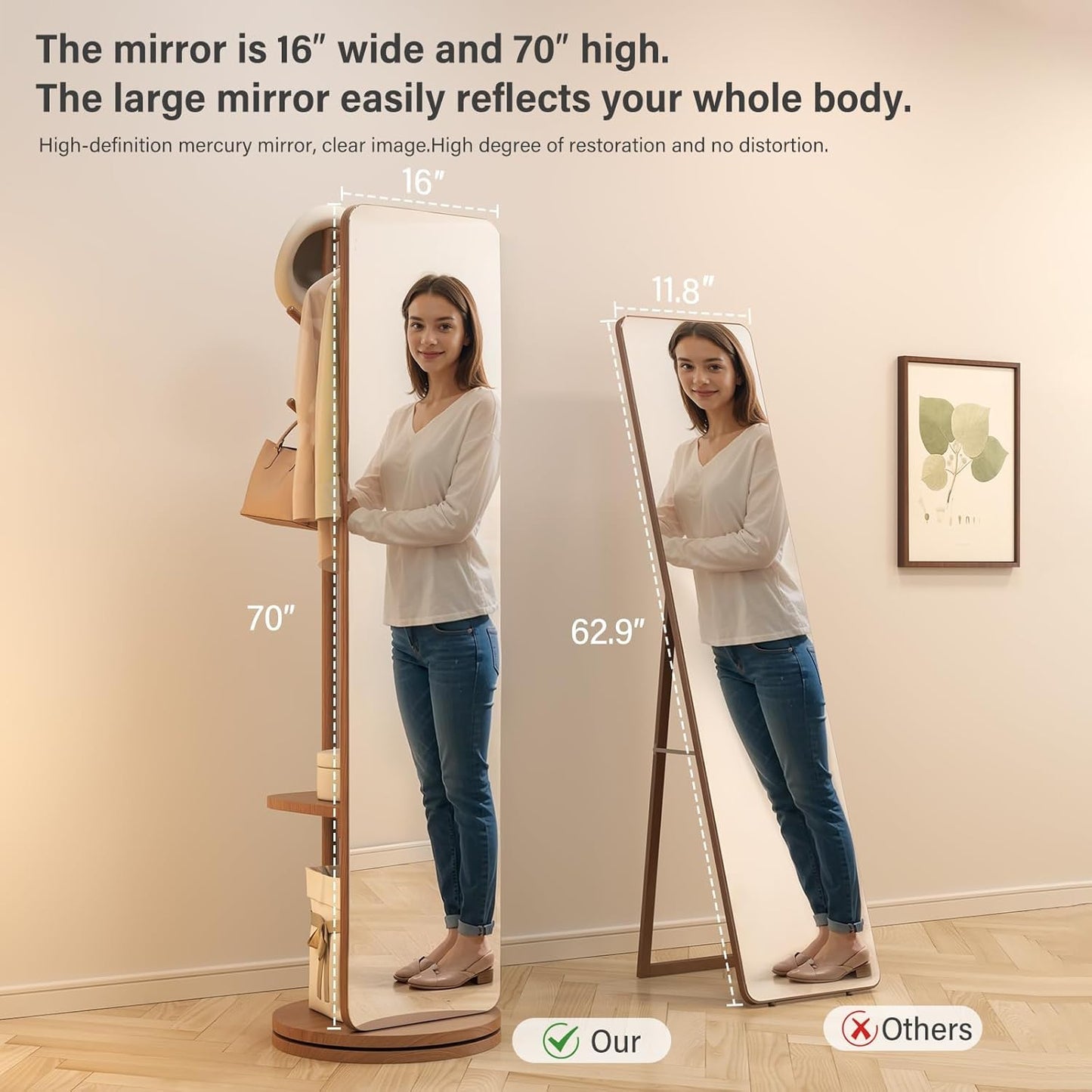 70"x16"Full Length Mirror with Stand,Coat Rack with Mirror,Solid Wood Floor Mirror,Swivel Mirrorfor Bedroom, Living Room, Cloakroom
