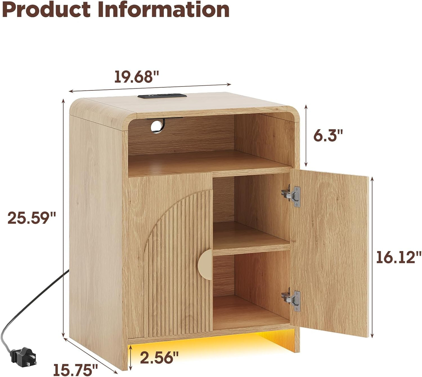 Nightstand with Charging Station and LED Lights, Night Stands with Adjustable Storage Cabinet, Modern Side Table with Fluted Doors and Open Storage, Bedside Table for Bedroom, Natural