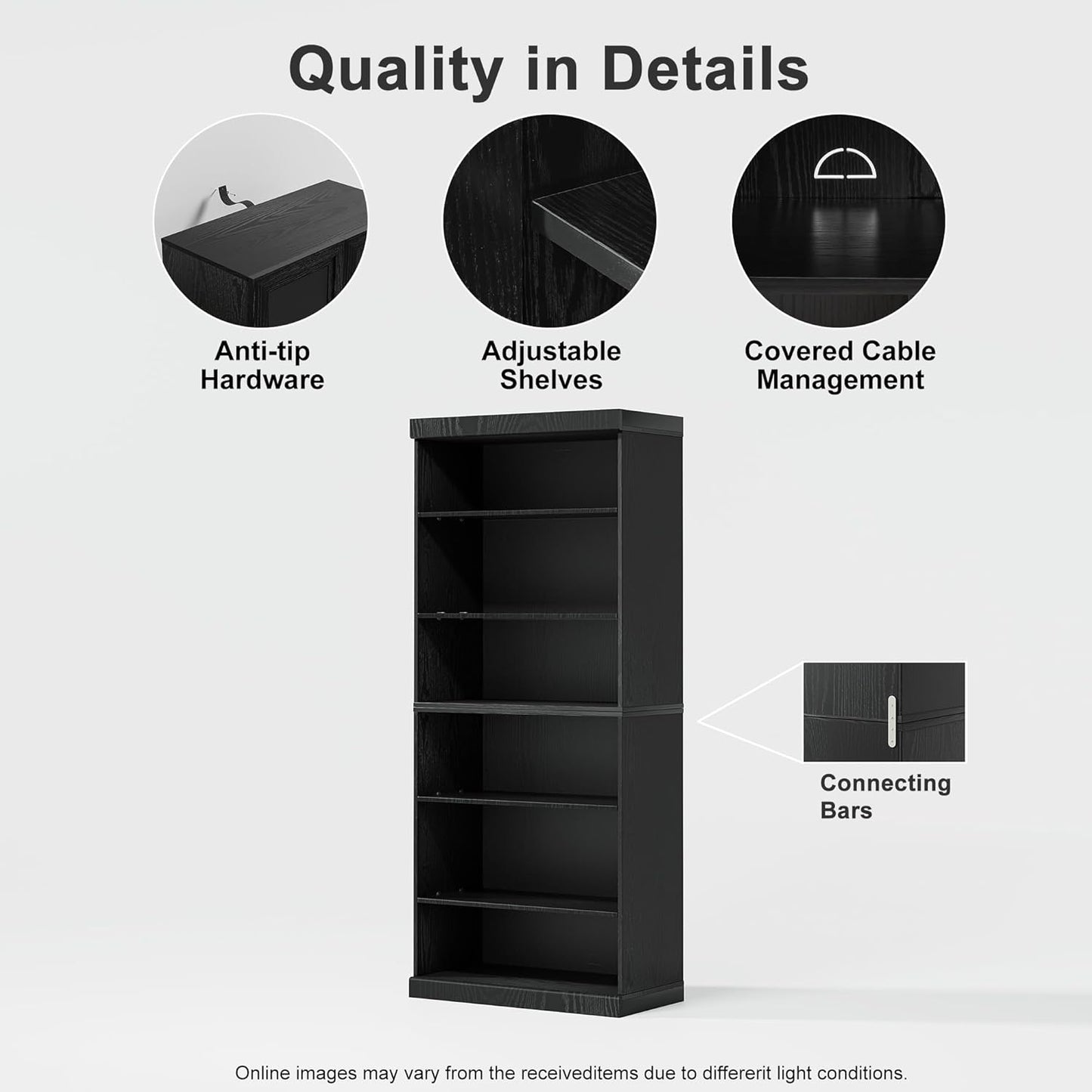 72" Wooden Book Shelf, 5 Shelf Bookcase, Modern Bookshelf with Adjustable Shelf for Home Office, Study Room, Black