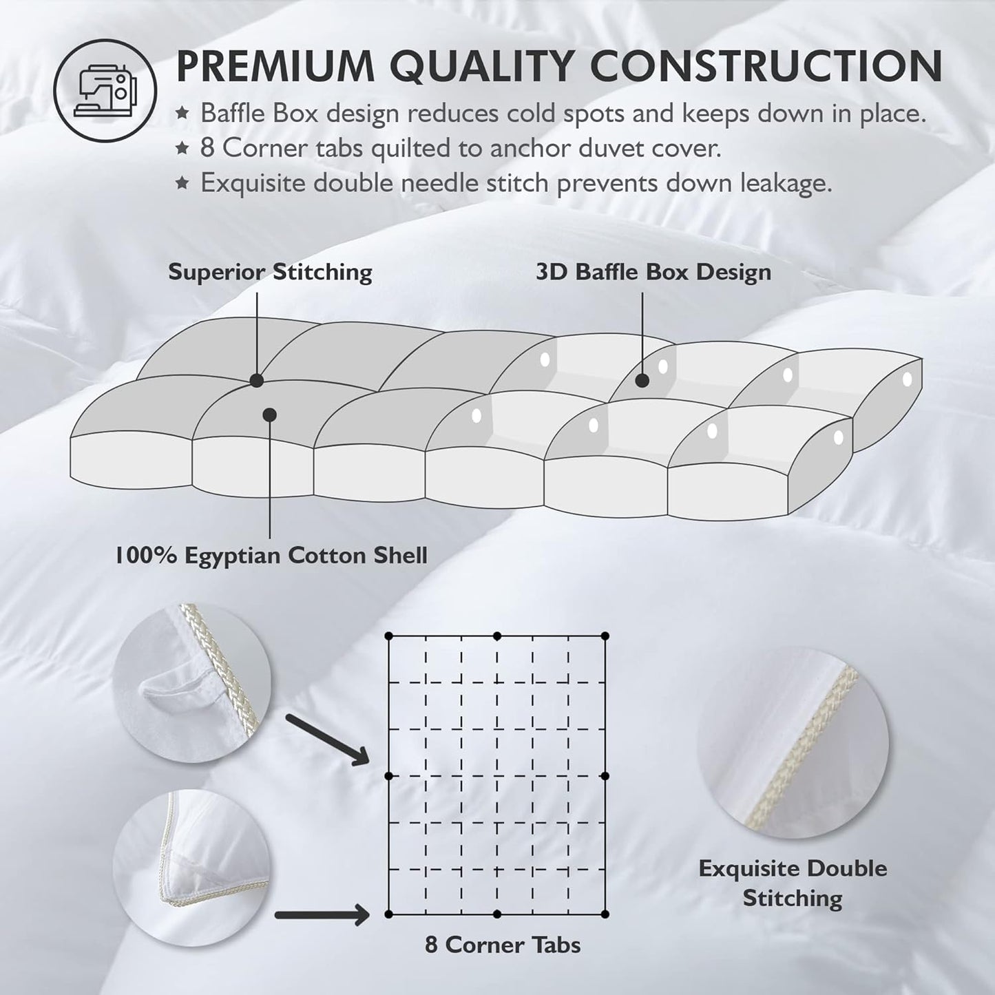 Luxurious White Solid Heavy Weight, Twin Size Goose Feathers Down Comforter for Winter Weather Duvet Insert, Premium Baffle Box, 100% Egyptian Cotton Cover, 60 oz. Fill Weight
