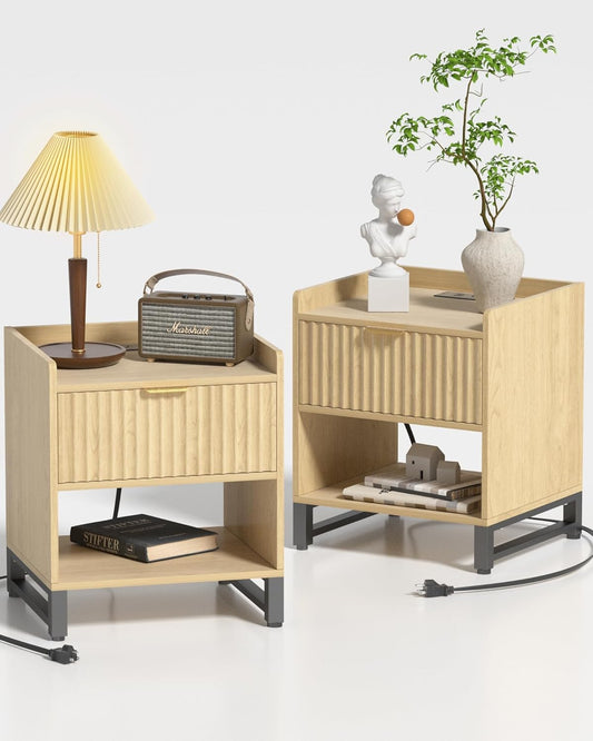 Fluted Night Stand Set 2 with Charging Station, Wood Nightstand with Large Drawer and Open Storage Cabinet, Mid-Century Modern Bedside Table End Table for Bedroom Closet Office