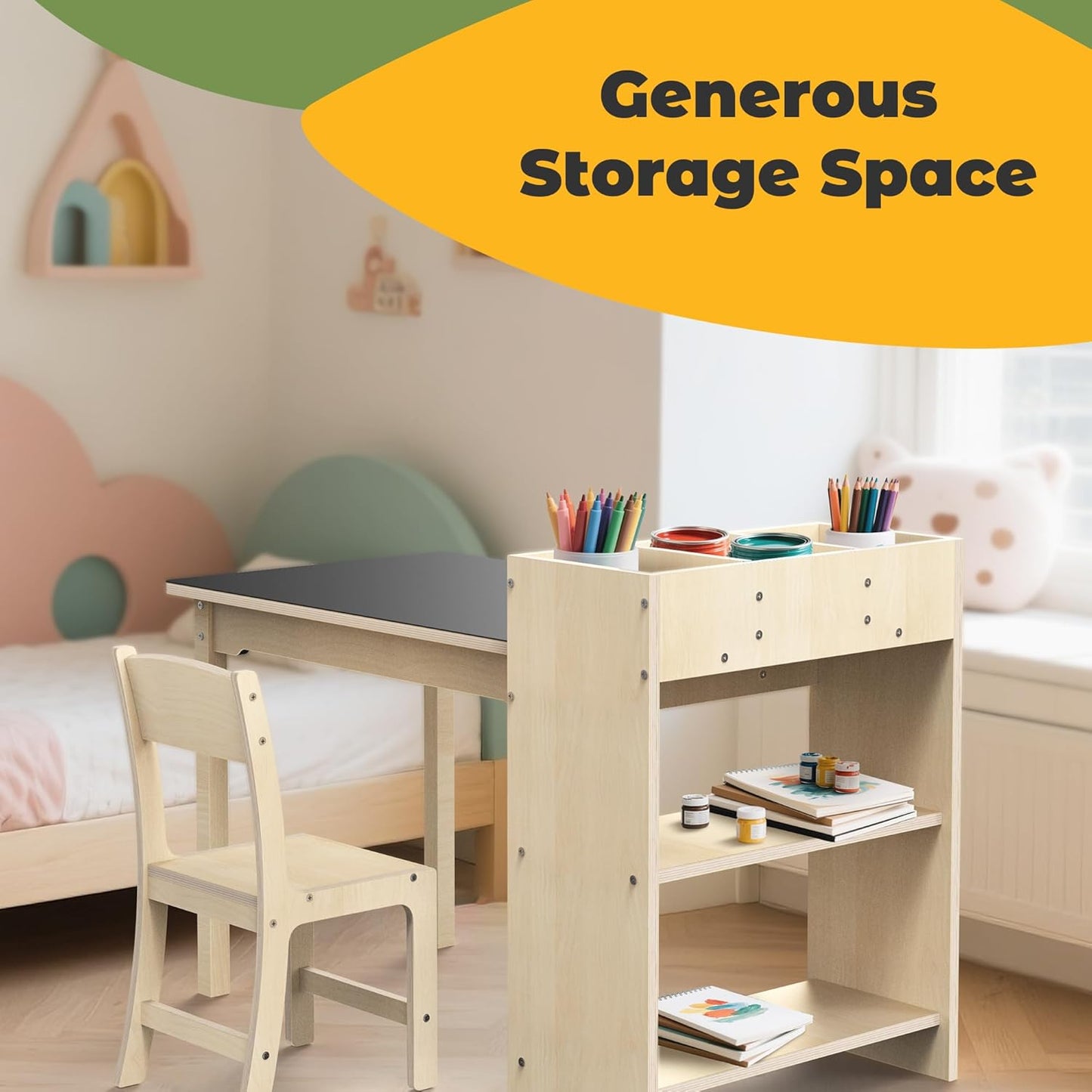 Kids Art Table and Chair Set, Sturdy Beech Wood Study Desk for Children’s Drawing, Learning & Play - Multi-Functional Activity Table for Home,Toddler Desk with Storage and 1 Chair