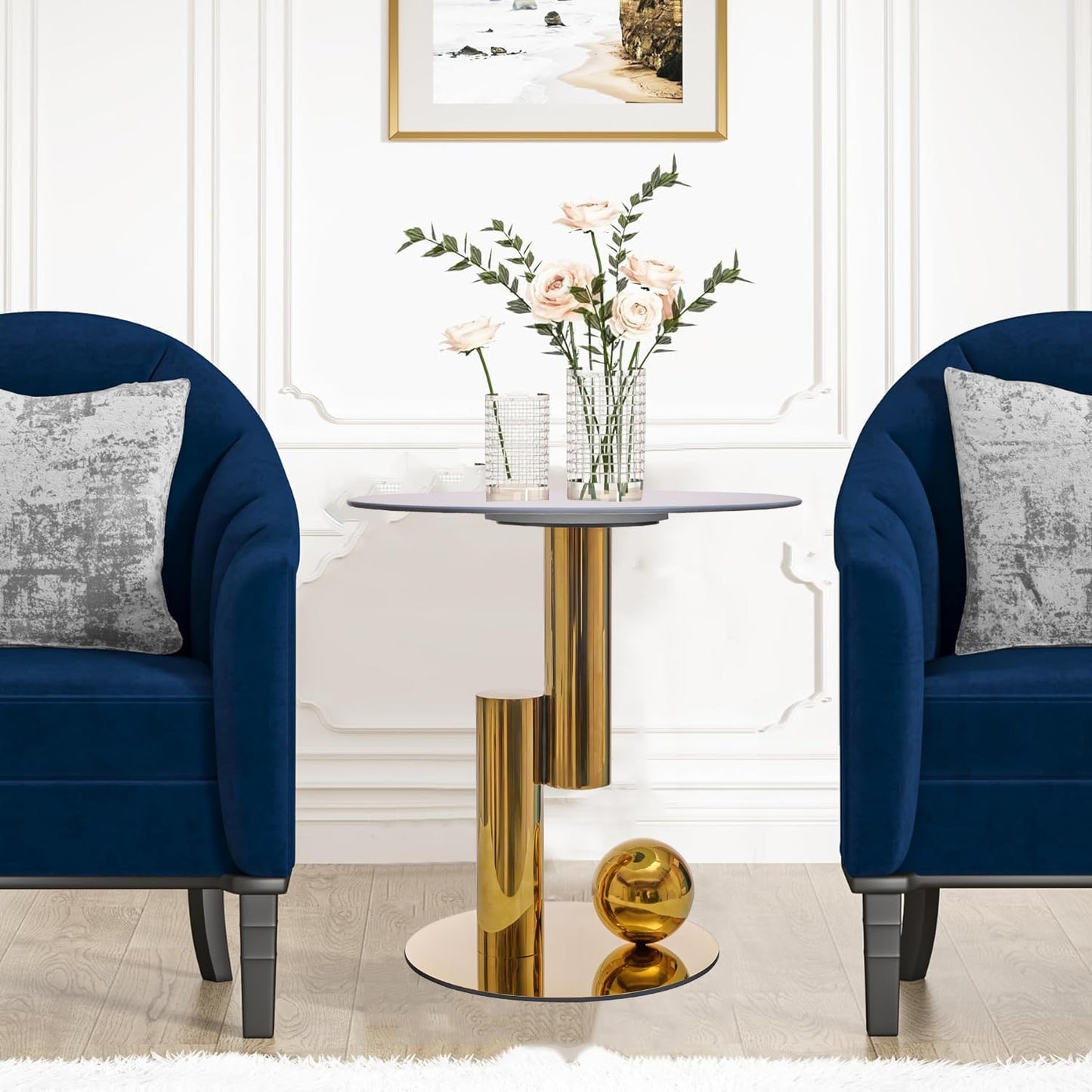 White Gold Round Side Table, 19.7" Faux Marble Sofa End Table, Modern Nightstand, Small Accent Table with Stainless Steel Ball/Cylindrical Frame, for Living Bedroom Office (Gold, 50cm/19.7")