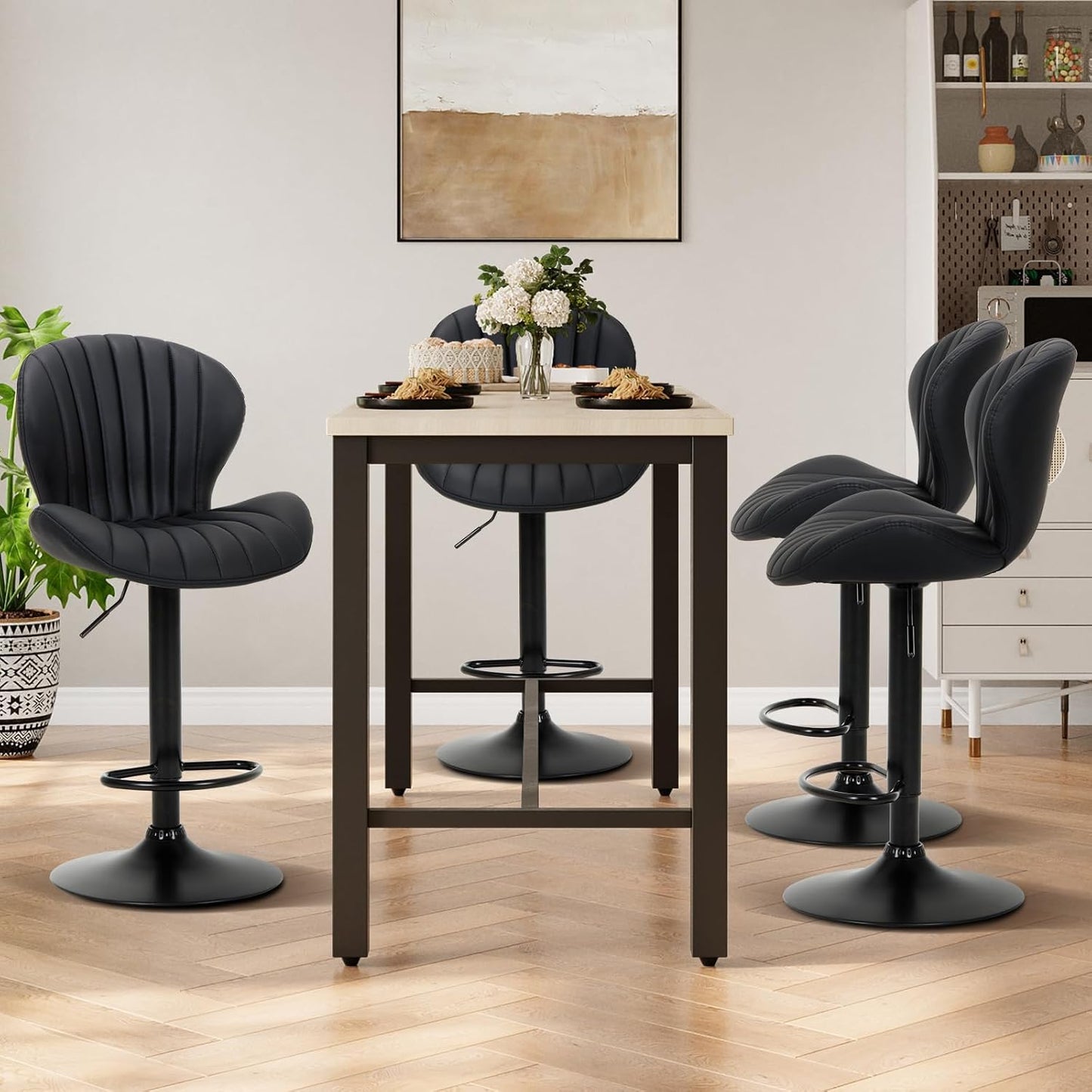 COLAMY Bar Stools Set of 6, Modern Swivel Bar Chairs, Adjustable Faux Leather Upholstered Barstools Counter Height with High Backrest for Bar, Kitchen Island, Dining Room, Black