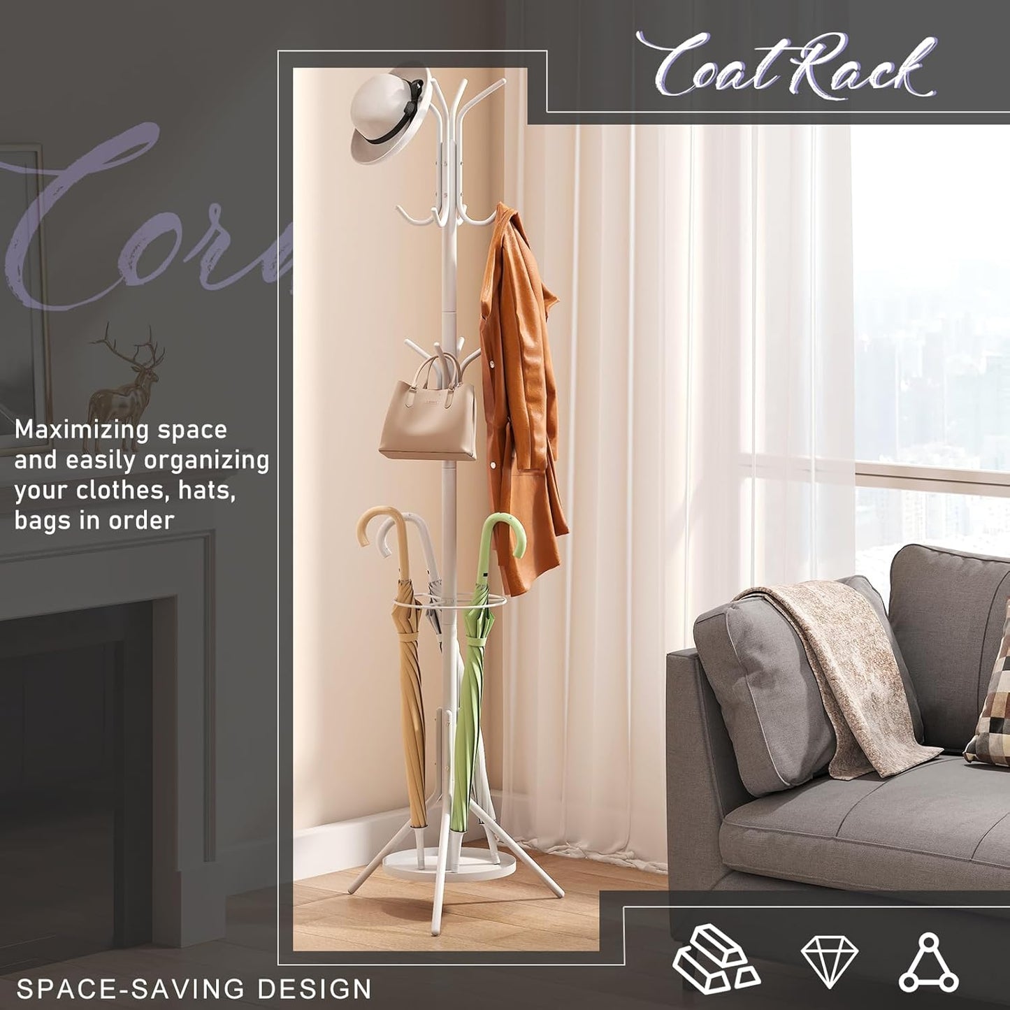 Coat Rack Freestanding Entryway Hanger Stand, Umbrella Holder, Hall Tree With 12 Hooks, Floor Standing Metal Tree Stand, White