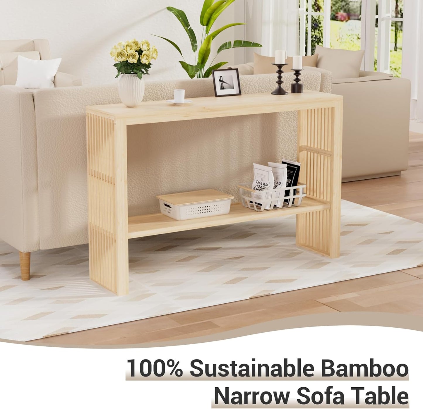 Bamboo Wood Entryway Table 47.2" Console Table, 2-Tier Farmhouse Narrow Sofa Table with Grille-Inspired Sides Easy Assembly for Entrance, Hallway, Living Room, Bedroom, Foyer(Natural)
