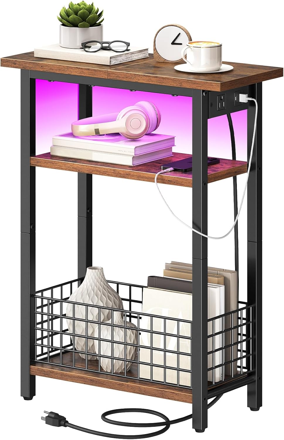 HOOBRO Narrow Side Table with Charging Station and LED Light, Small End Table with Storage, Skinny Nightstand with USB Port, Slim Bedside Table for Small Spaces, Living Room, Rustic Brown BF242UDBZ01