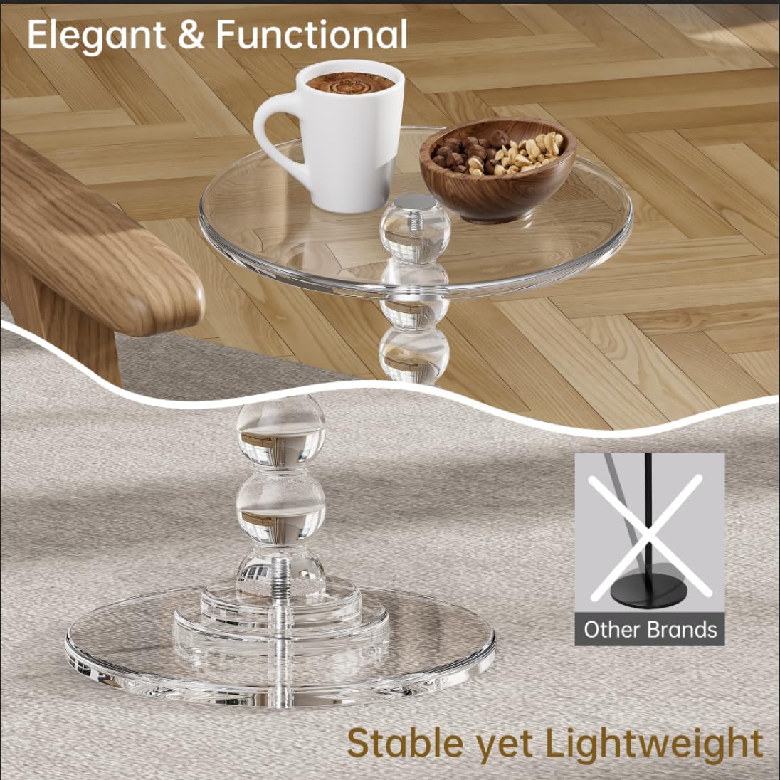 Acrylic Side Table, End Table Round Top with Solid Post for Living Room, Bedroom, Balcony, Easy Assembly (Clear) (Pedestal, Clear)